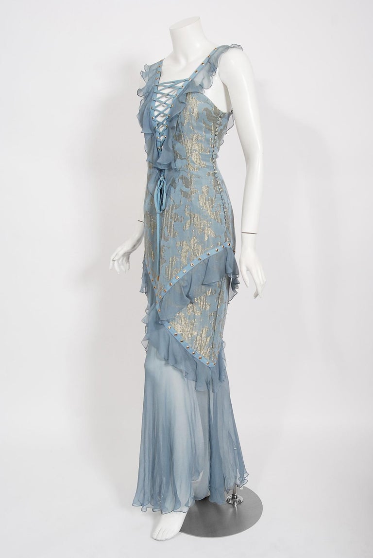 Vintage 2003 Christian Dior by Galliano Metallic Blue Silk Lace-Up Bias ...