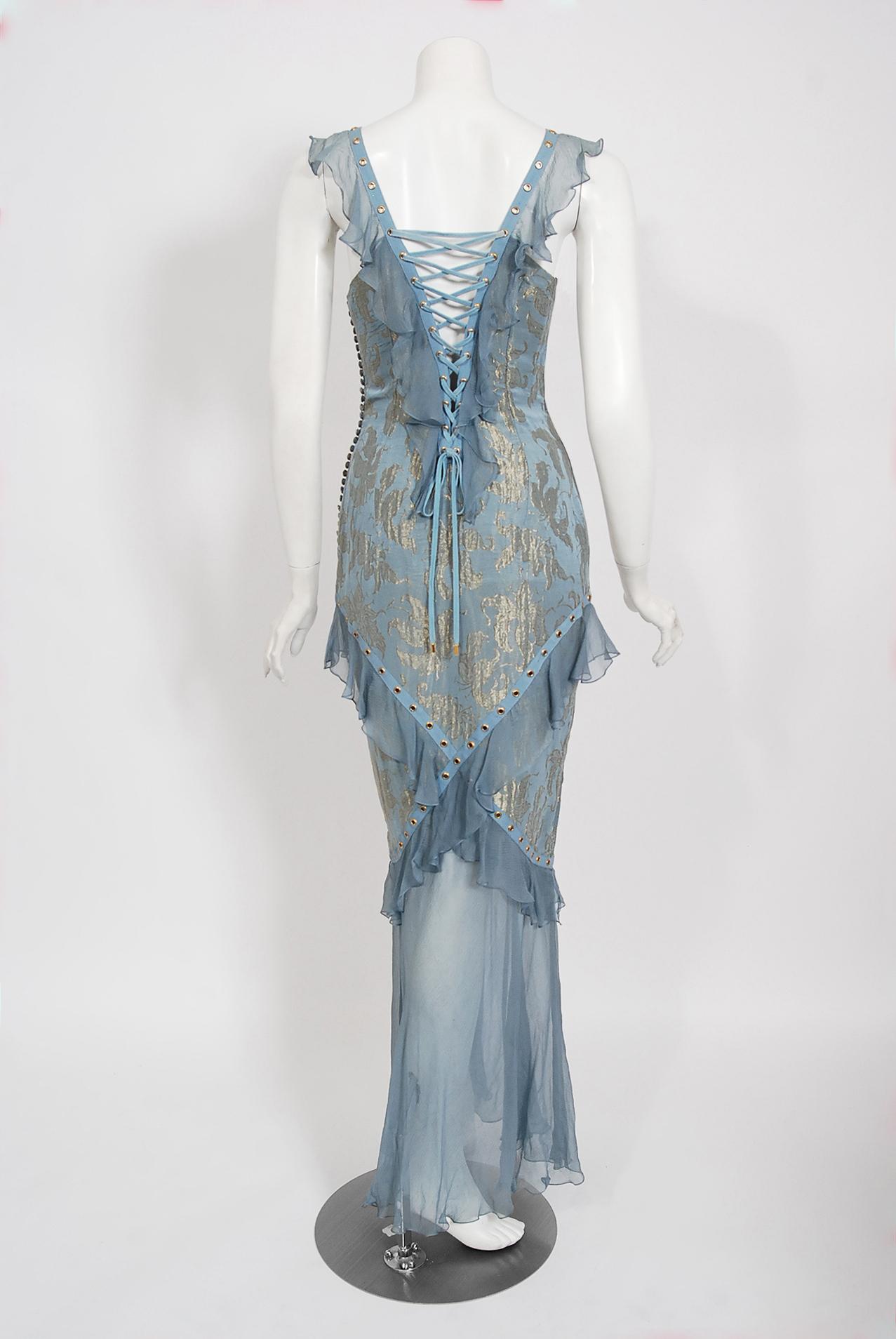Vintage 2003 Christian Dior by Galliano Metallic Blue Silk Lace-Up Bias Cut Gown 1