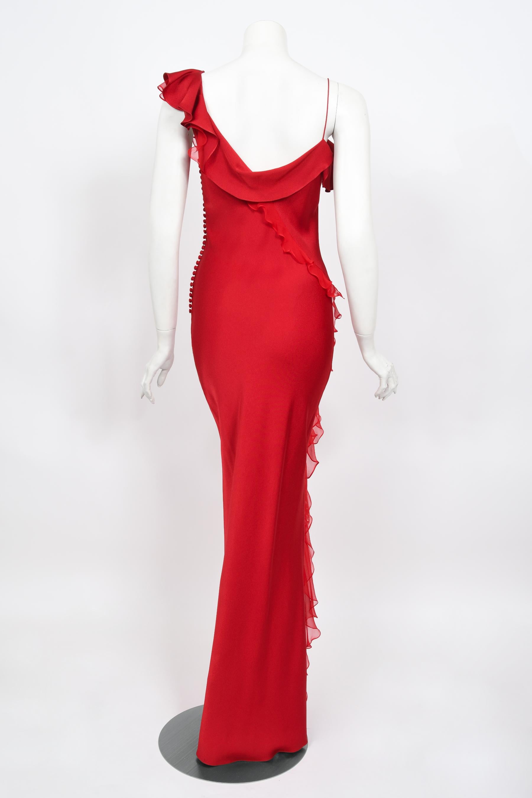 Vintage 2003 Christian Dior by John Galliano Ruby Red Silk Bias-Cut Ruffle Gown 6