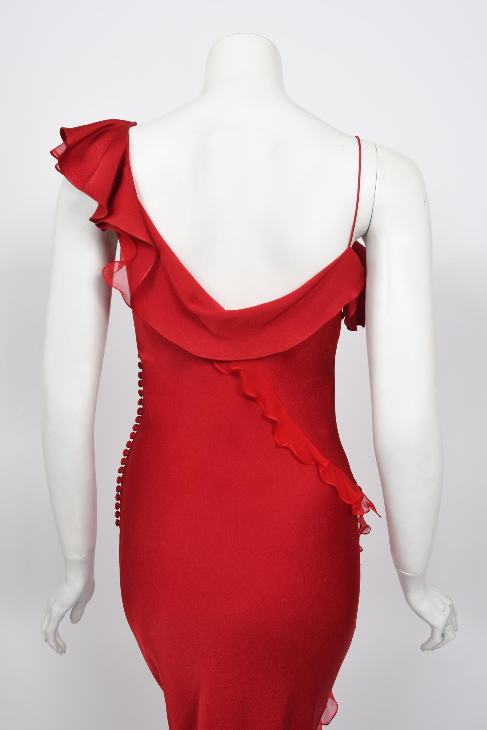 Vintage 2003 Christian Dior by John Galliano Ruby Red Silk Bias-Cut Ruffle Gown 7
