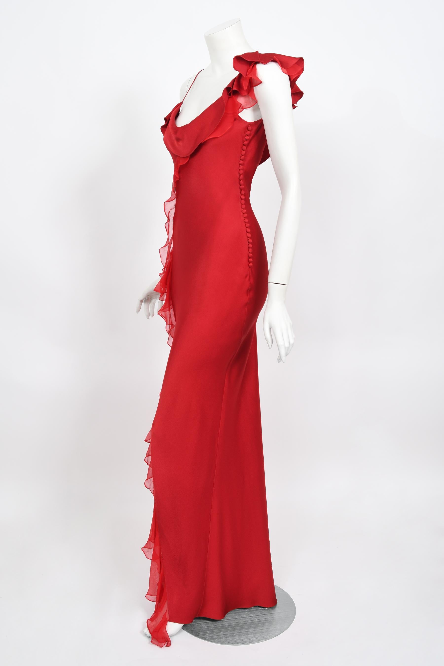 Vintage 2003 Christian Dior by John Galliano Ruby Red Silk Bias-Cut Ruffle Gown In Good Condition In Beverly Hills, CA