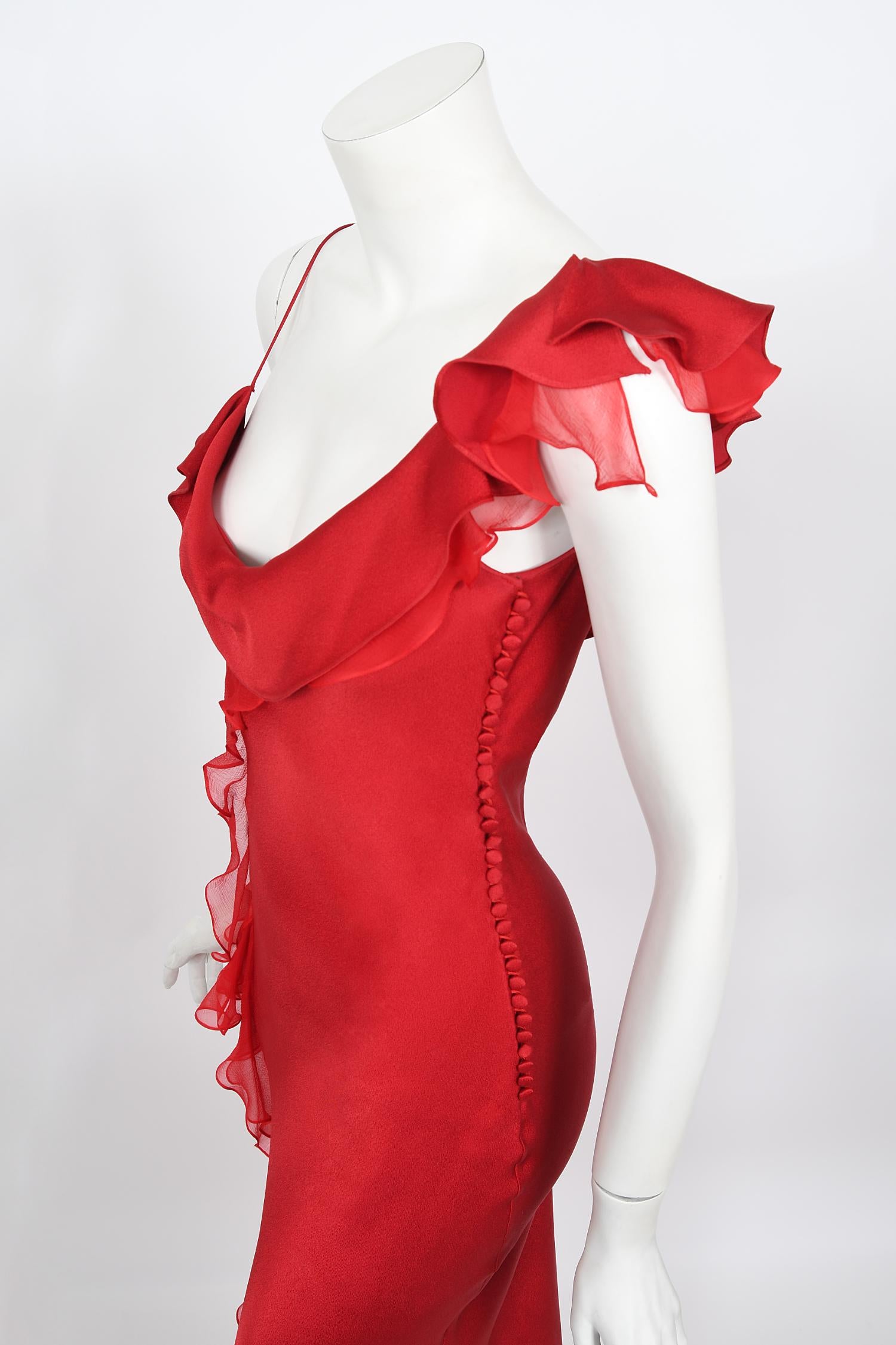 Women's Vintage 2003 Christian Dior by John Galliano Ruby Red Silk Bias-Cut Ruffle Gown