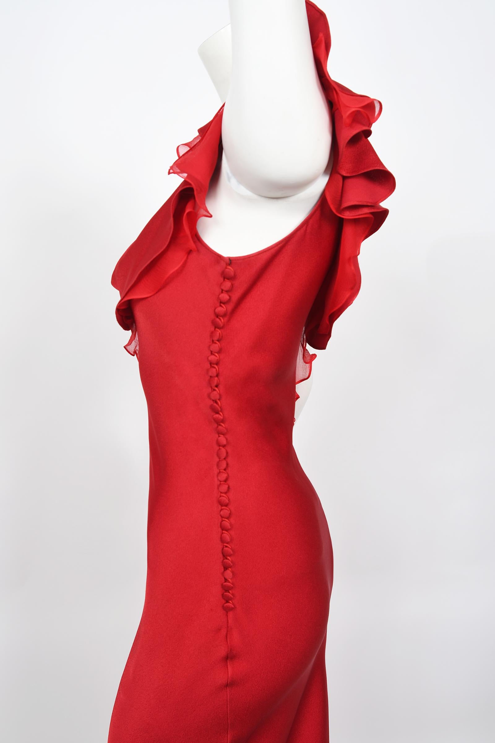 Vintage 2003 Christian Dior by John Galliano Ruby Red Silk Bias-Cut Ruffle Gown 1