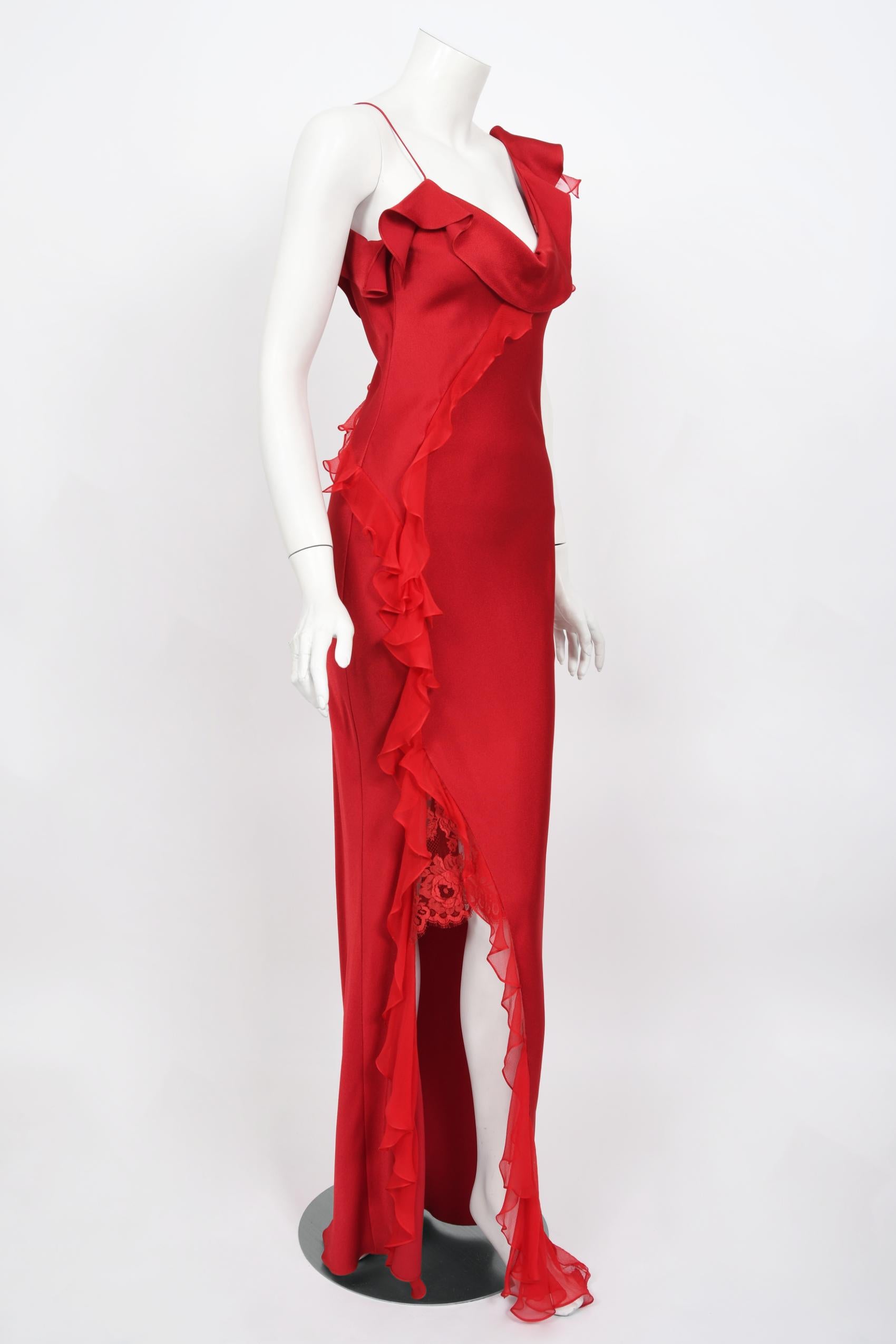 Vintage 2003 Christian Dior by John Galliano Ruby Red Silk Bias-Cut Ruffle Gown 2