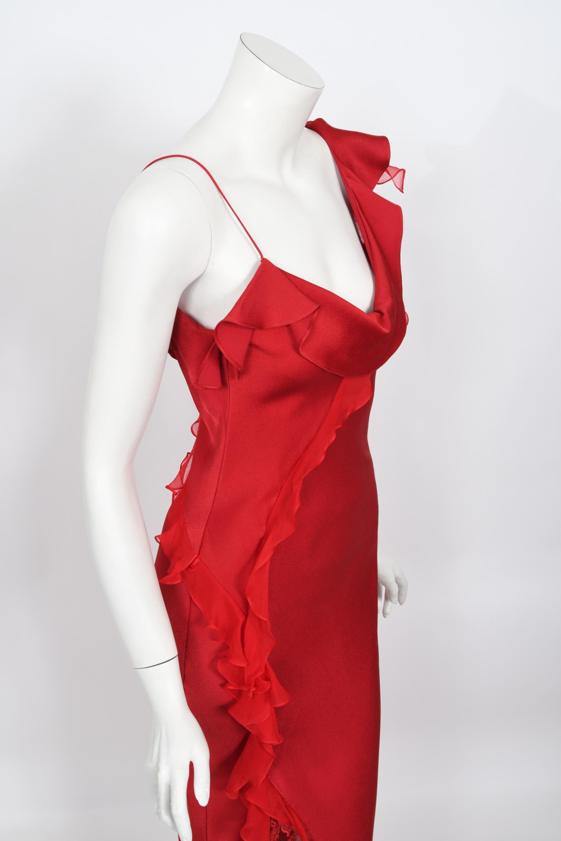 Vintage 2003 Christian Dior by John Galliano Ruby Red Silk Bias-Cut Ruffle Gown 3