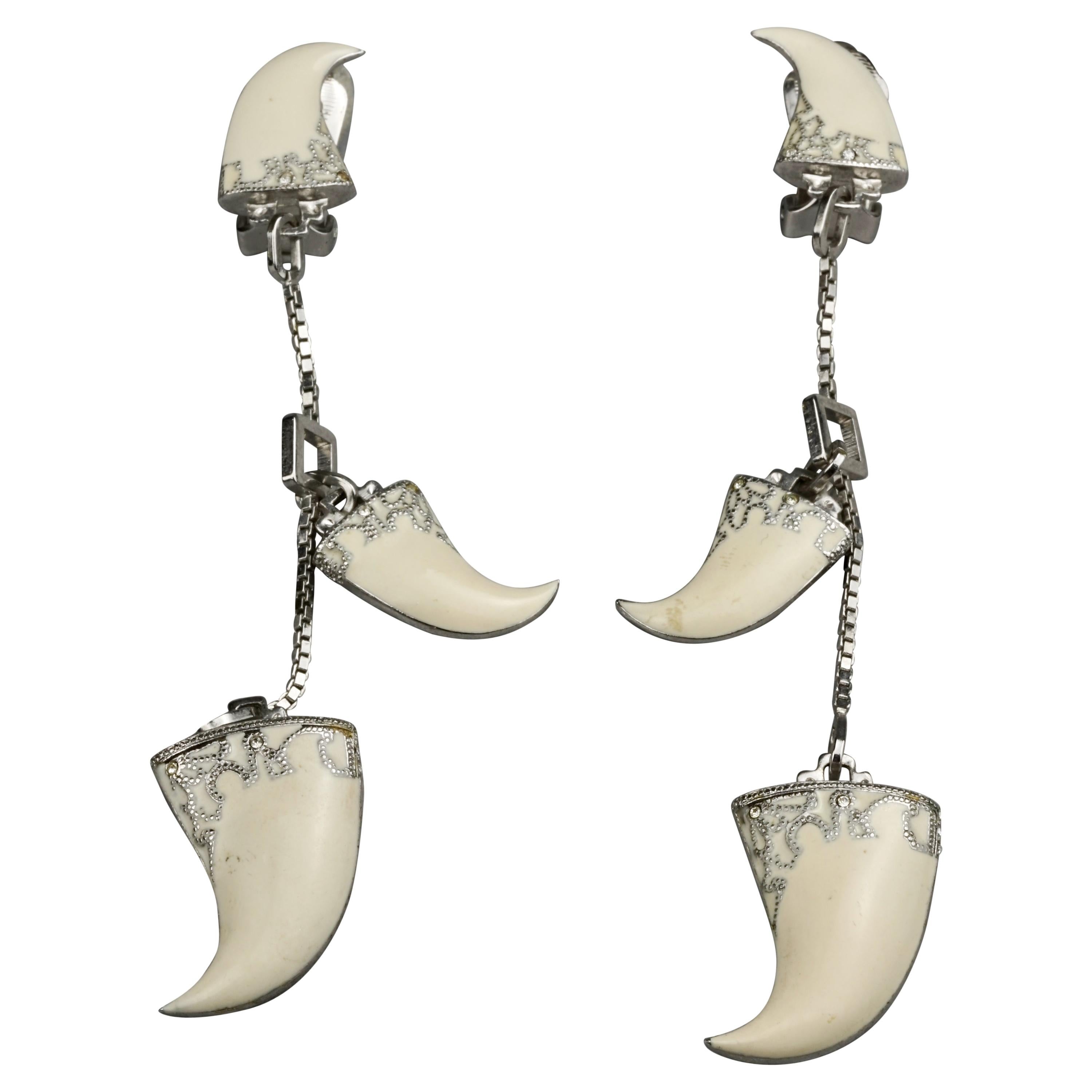Vintage 2003 CHRISTIAN DIOR CLAW White Enamel Dangling Earrings by Galliano