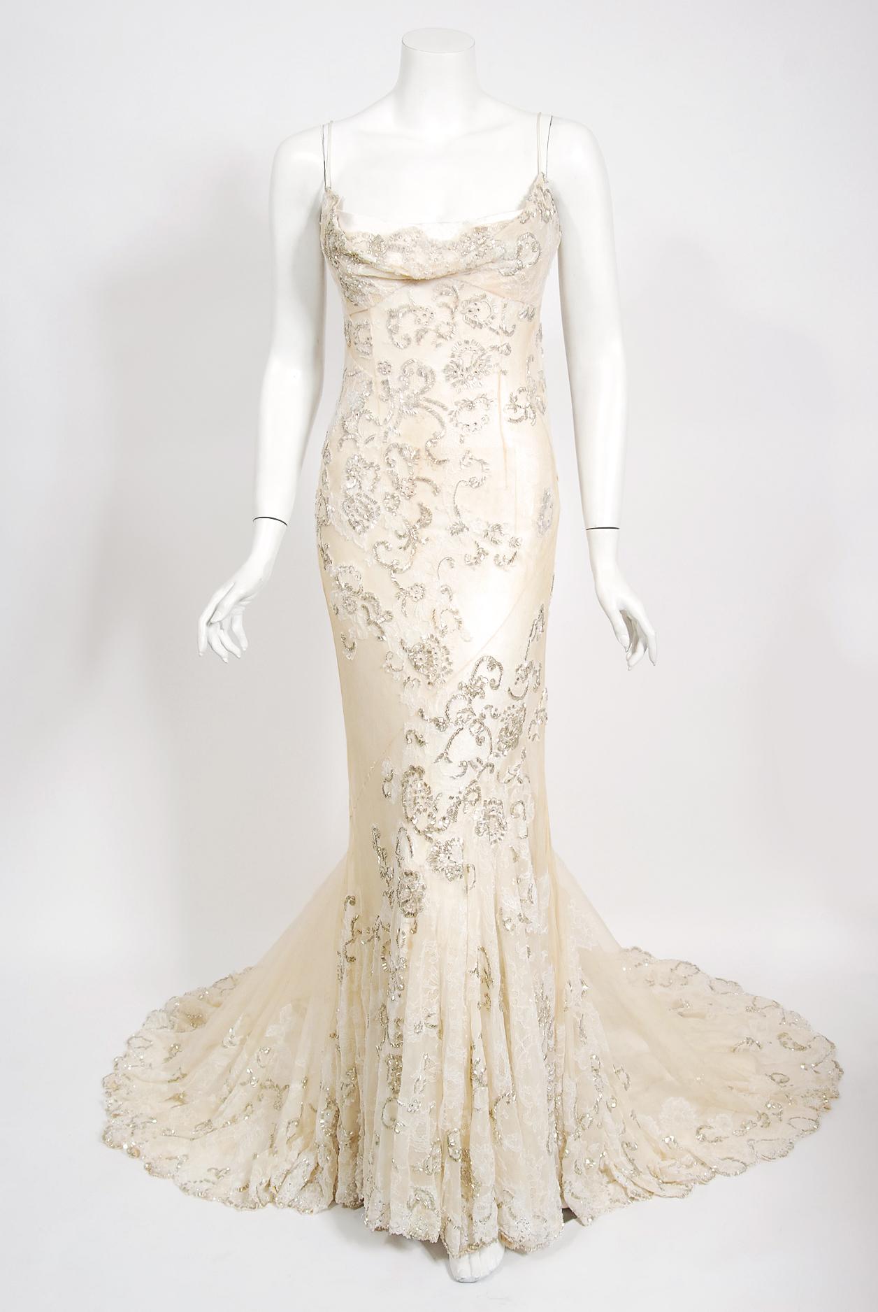 Beige Vintage 2003 Christian Dior by Galliano Haute Couture Beaded Lace Bias-Cut Gown