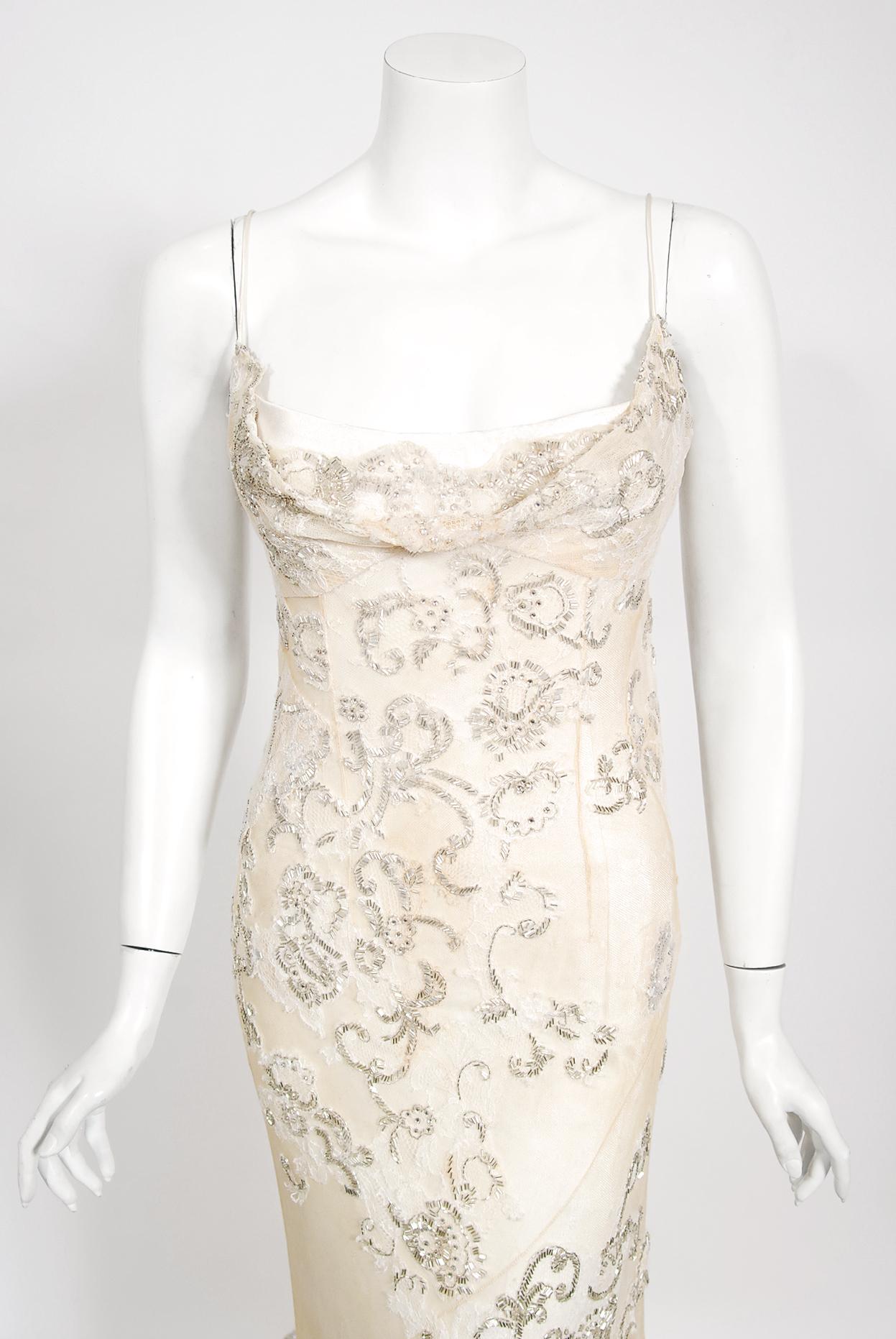 Vintage 2003 Christian Dior by Galliano Haute Couture Beaded Lace Bias-Cut Gown In Good Condition In Beverly Hills, CA