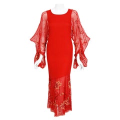 2003 Christian Dior by Galliano Haute Couture Red Beaded Silk Kimono Sleeve Gown