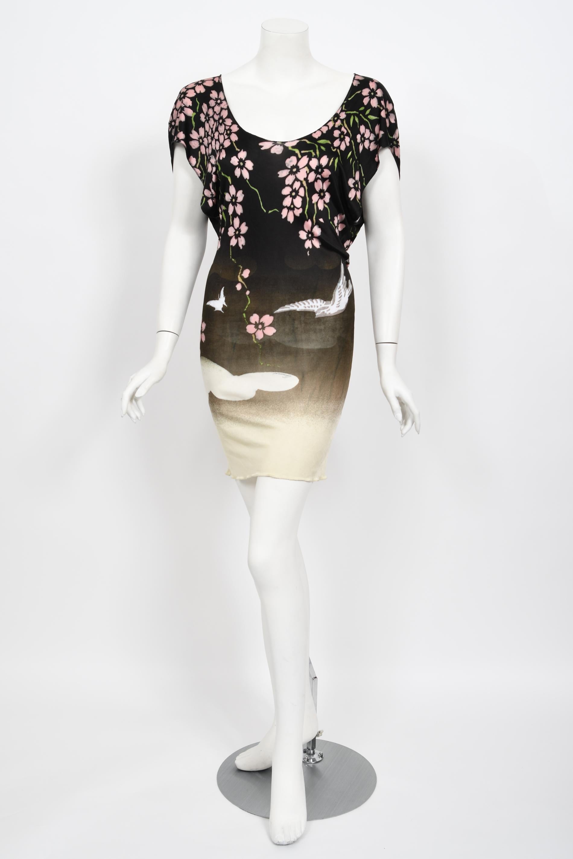 Vintage 2003 Gucci by Tom Ford Runway Cherry Blossom Stretch Silk Mini Dress 9