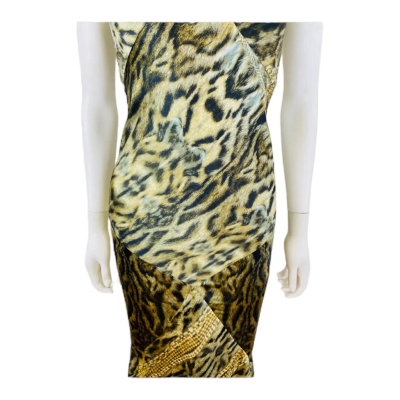 Vintage 2003 Roberto Cavalli Leopard Print + Gold Chains Silk Maxi Dress Gown In Excellent Condition For Sale In Denver, CO