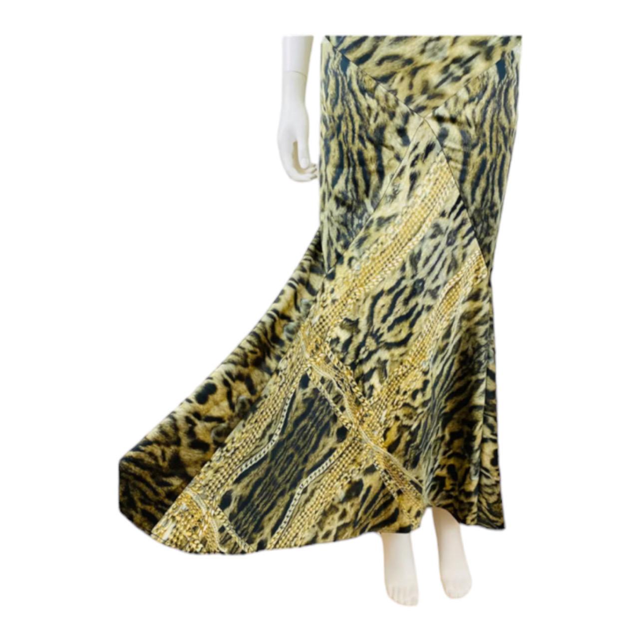 Women's or Men's Vintage 2003 Roberto Cavalli Leopard Print + Gold Chains Silk Maxi Dress Gown For Sale