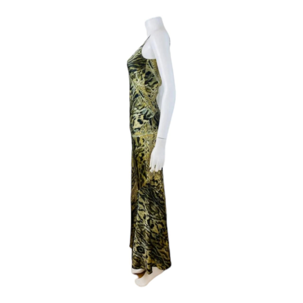 Vintage 2003 Roberto Cavalli Leopard Print + Gold Chains Silk Maxi Dress Gown For Sale 1