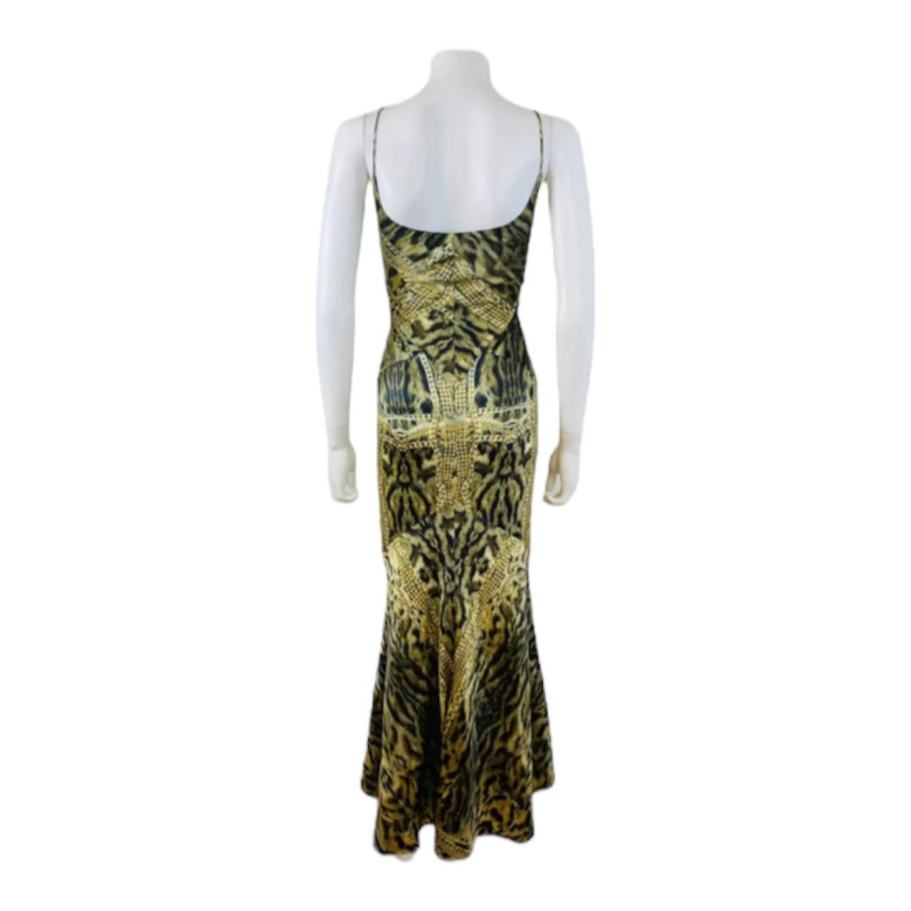 Vintage 2003 Roberto Cavalli Leopard Print + Gold Chains Silk Maxi Dress Gown For Sale 2