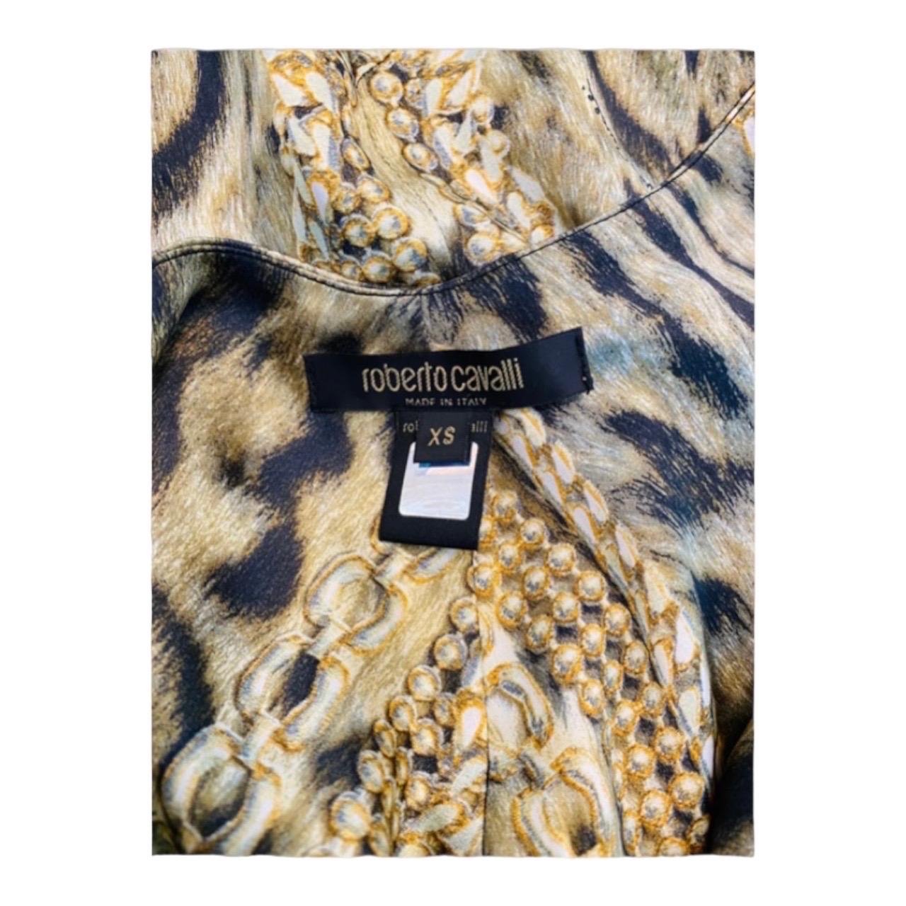 Vintage 2003 Roberto Cavalli Leopard Print + Gold Chains Silk Maxi Dress Gown For Sale 4
