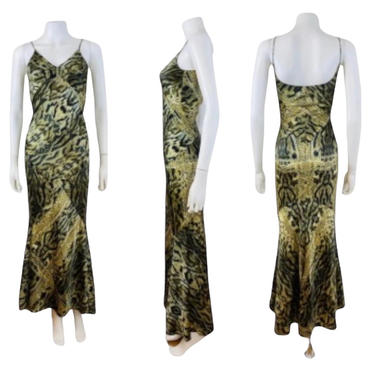 Vintage 2003 Roberto Cavalli Leopard Print + Gold Chains Silk Maxi Dress Gown For Sale