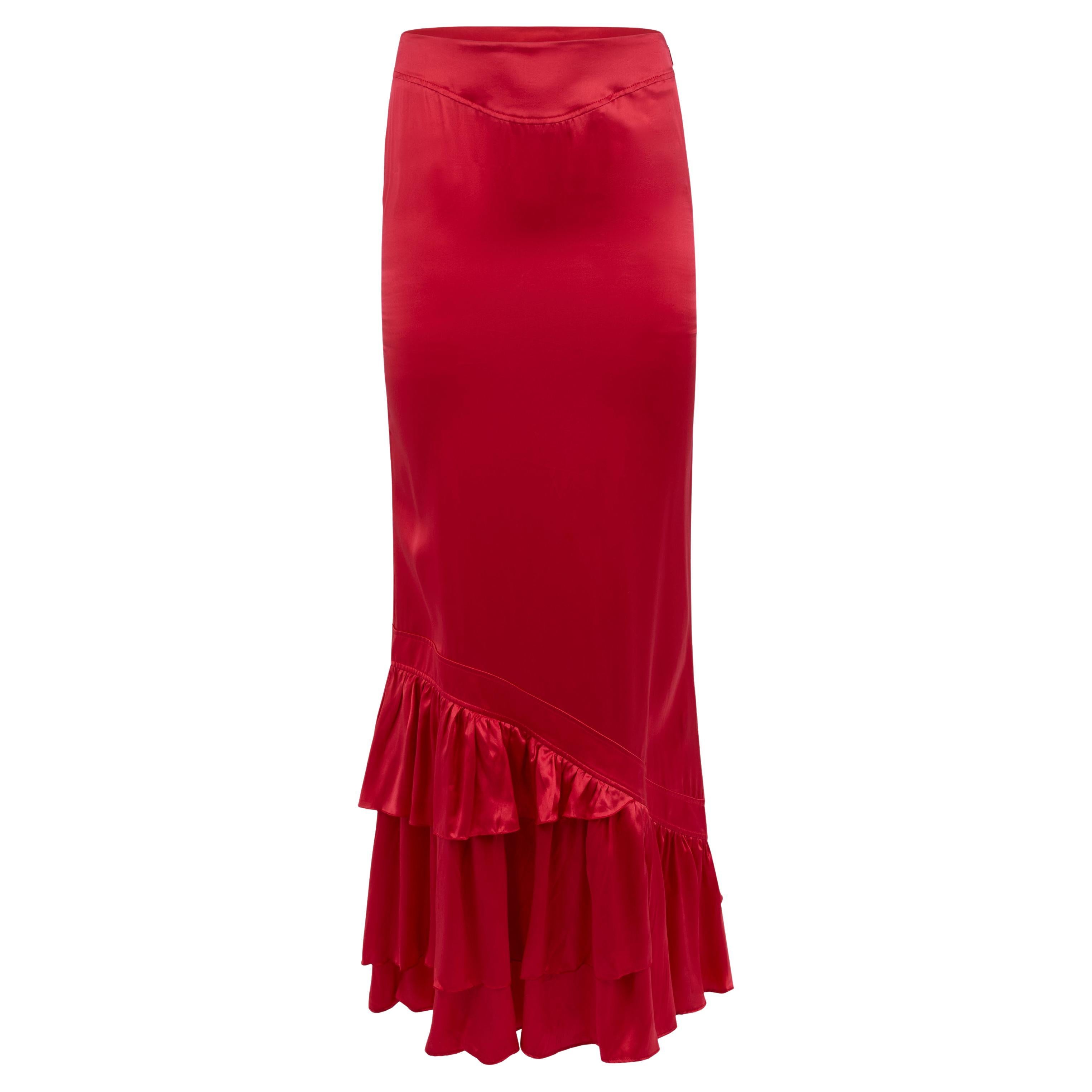 Vintage 2003 Roberto Cavalli Red Silk Maxi Ruffle Skirt