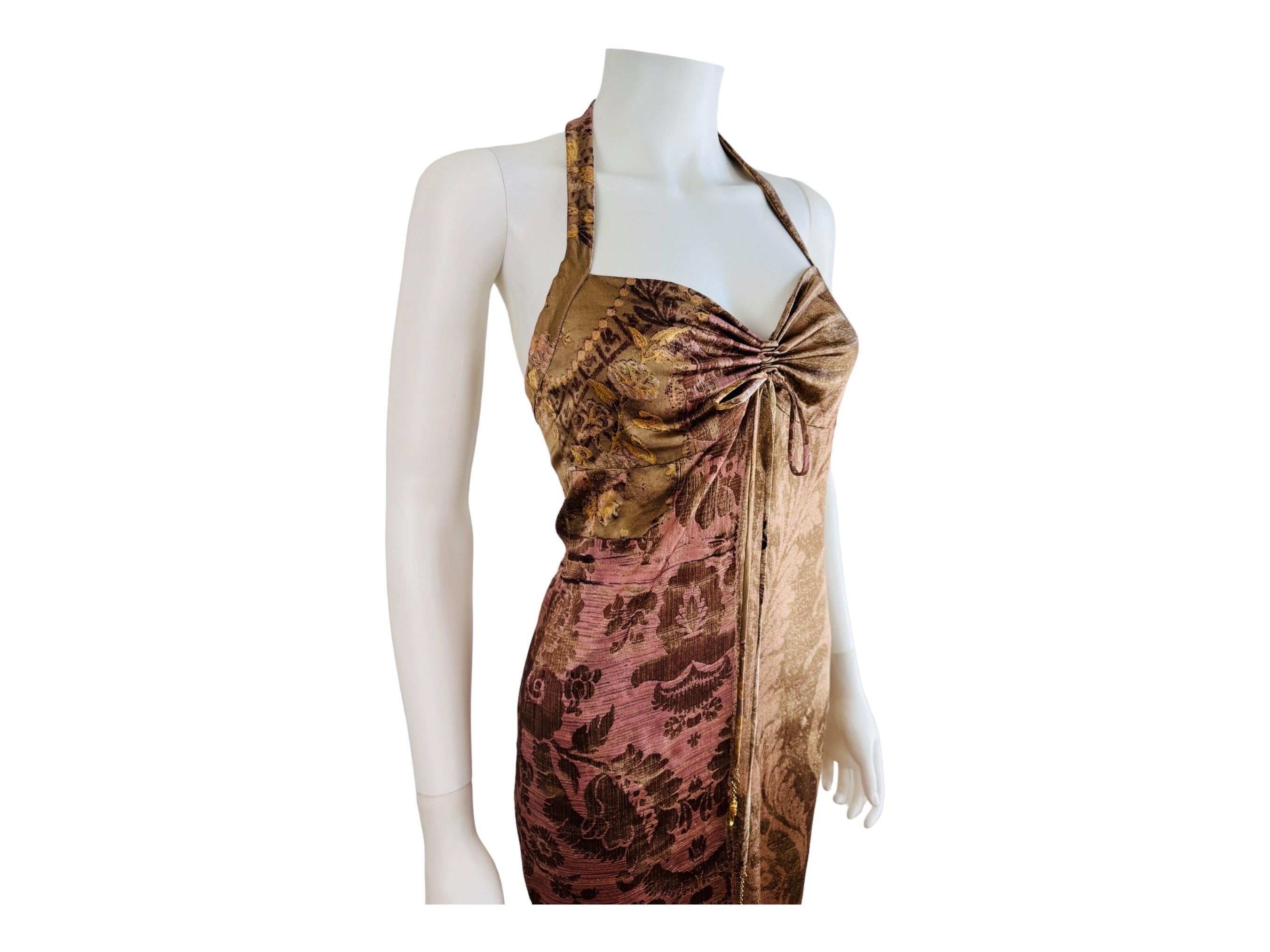 Vintage 2004 2000s Y2K Roberto Cavalli Silk Baroque Floral Halter Midi Dress In Excellent Condition For Sale In Denver, CO