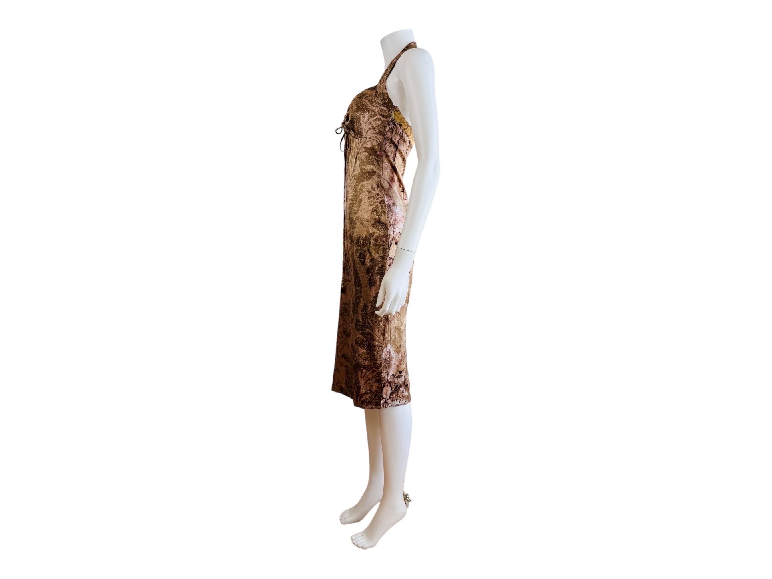 Women's Vintage 2004 2000s Y2K Roberto Cavalli Silk Baroque Floral Halter Midi Dress For Sale