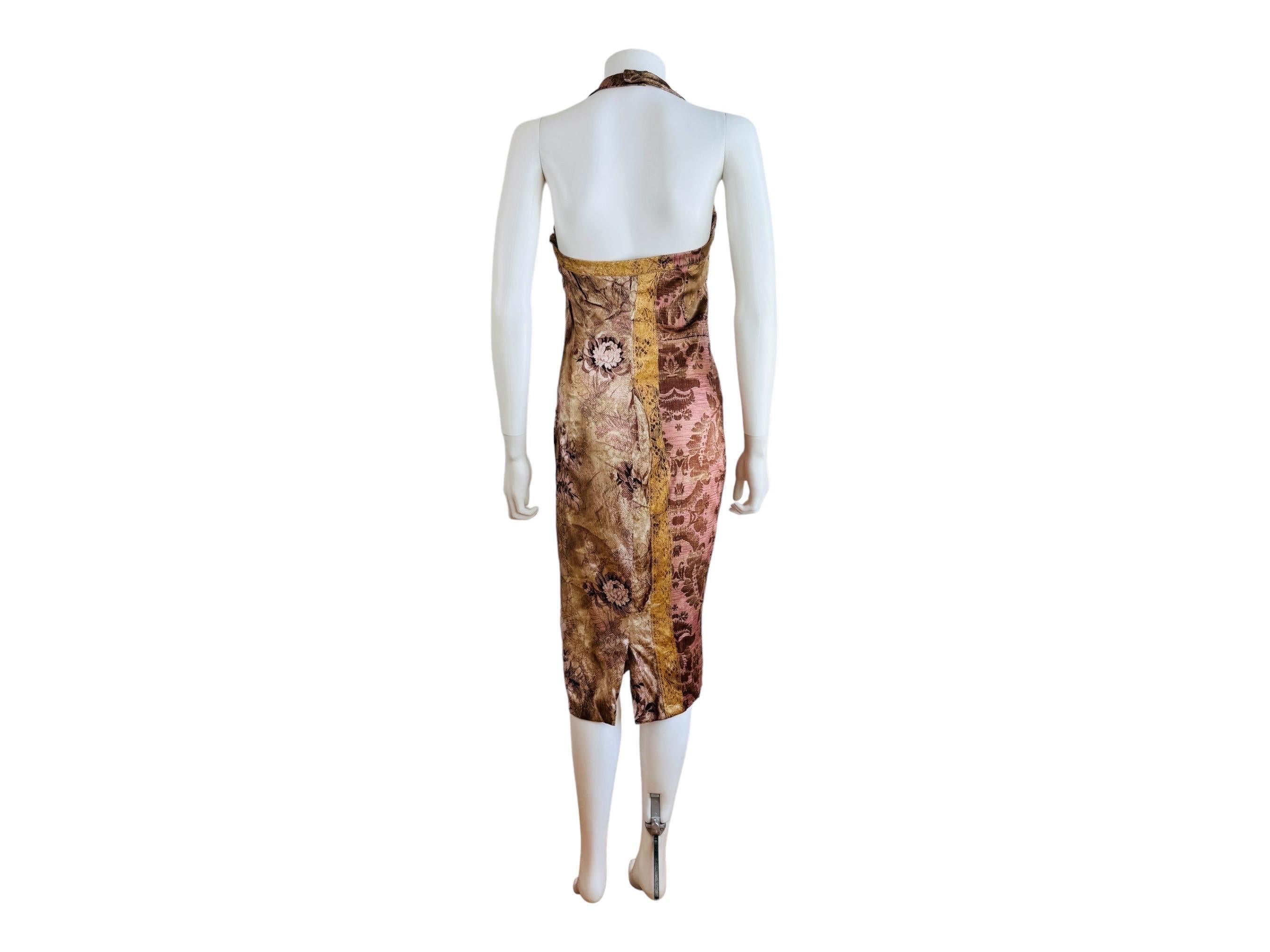 Vintage 2004 2000s Y2K Roberto Cavalli Silk Baroque Floral Halter Midi Dress For Sale 1