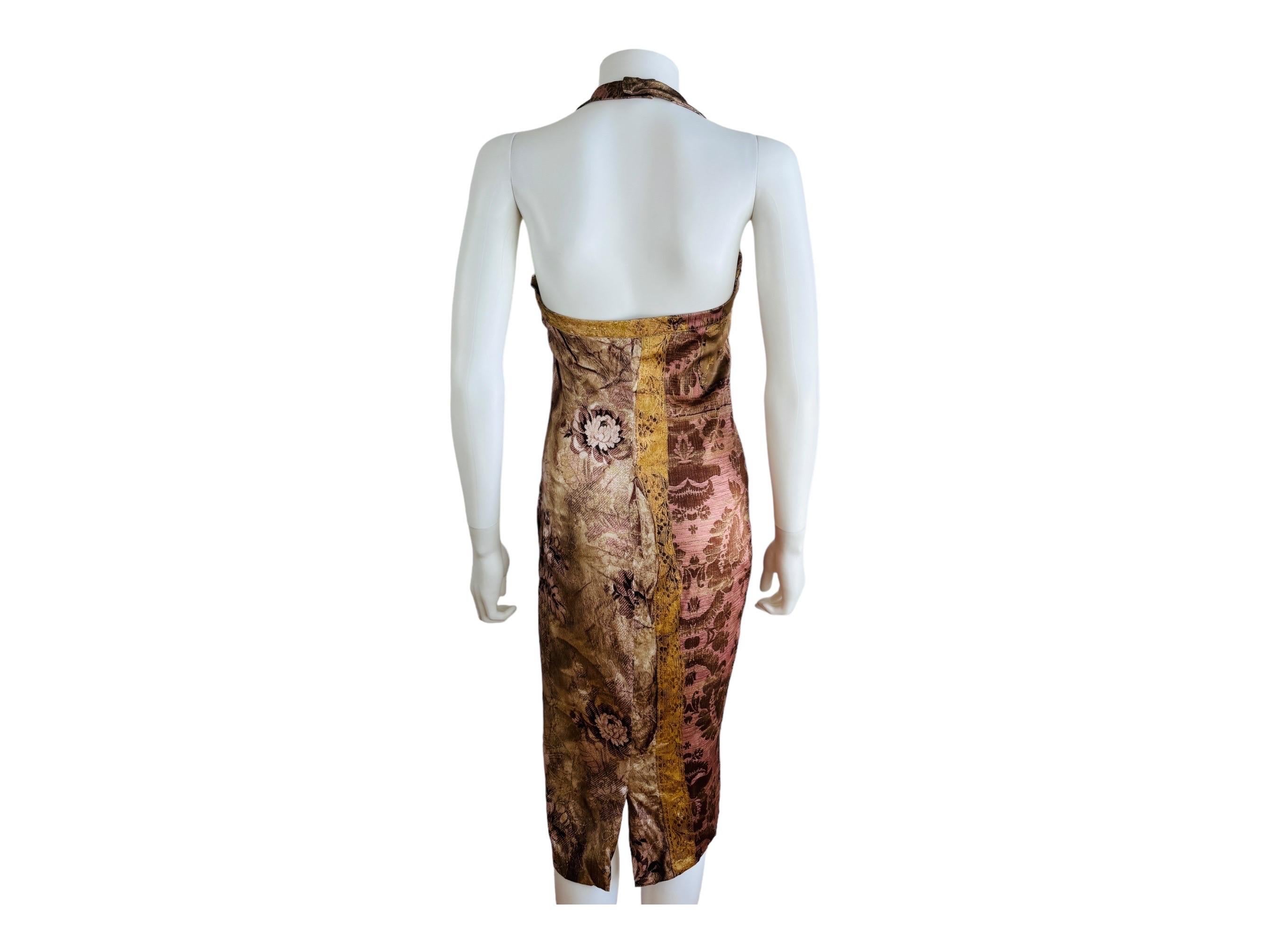 Vintage 2004 2000s Y2K Roberto Cavalli Silk Baroque Floral Halter Midi Dress For Sale 2