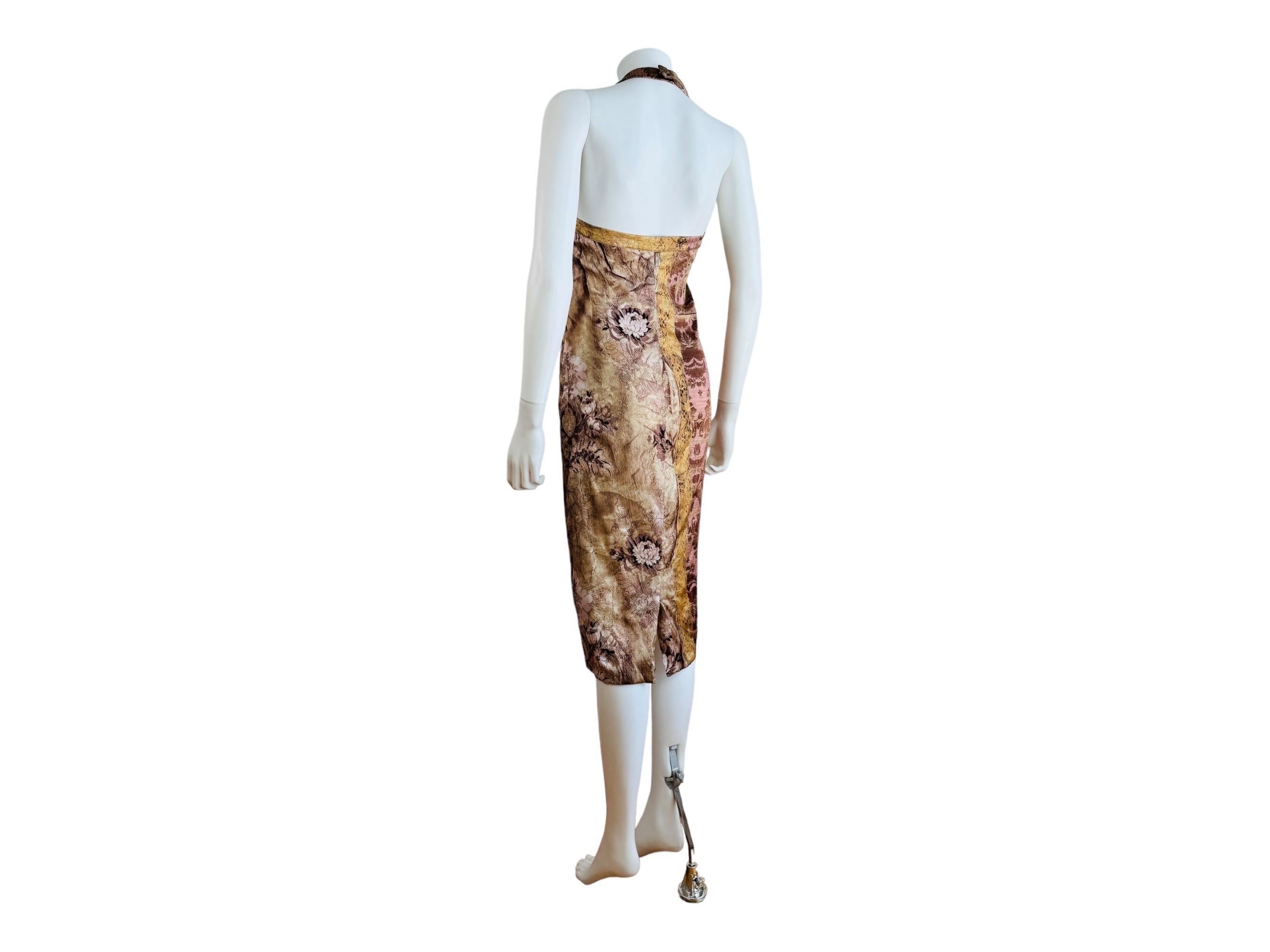 Vintage 2004 2000s Y2K Roberto Cavalli Silk Baroque Floral Halter Midi Dress For Sale 3