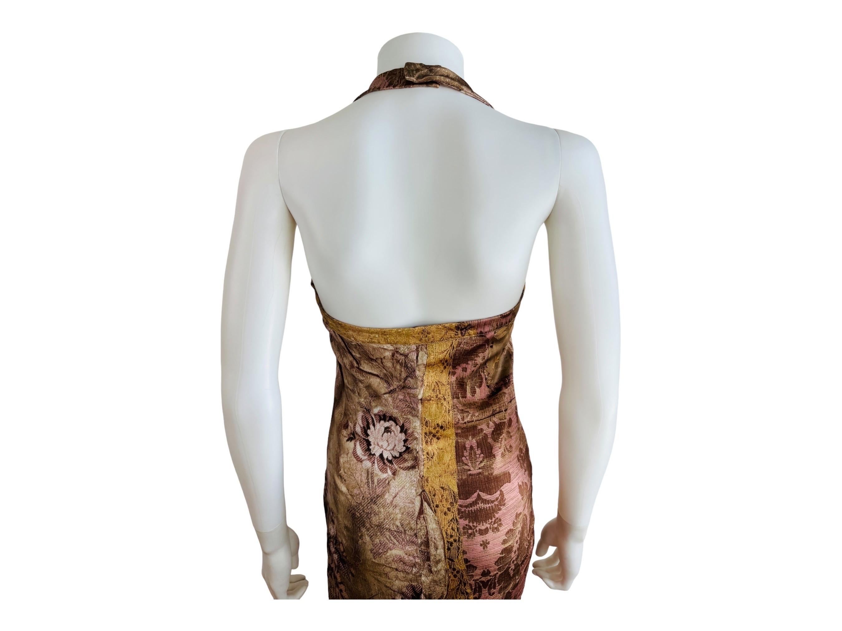 Vintage 2004 2000s Y2K Roberto Cavalli Silk Baroque Floral Halter Midi Dress For Sale 4