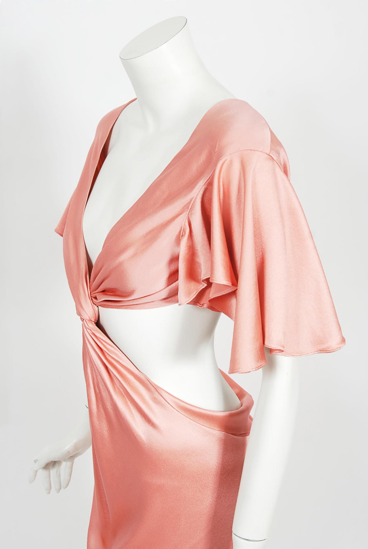 Vintage 2004 Alexander McQueen Lifetime Runway Pink Silk Cut-Out Ruffle Gown 8