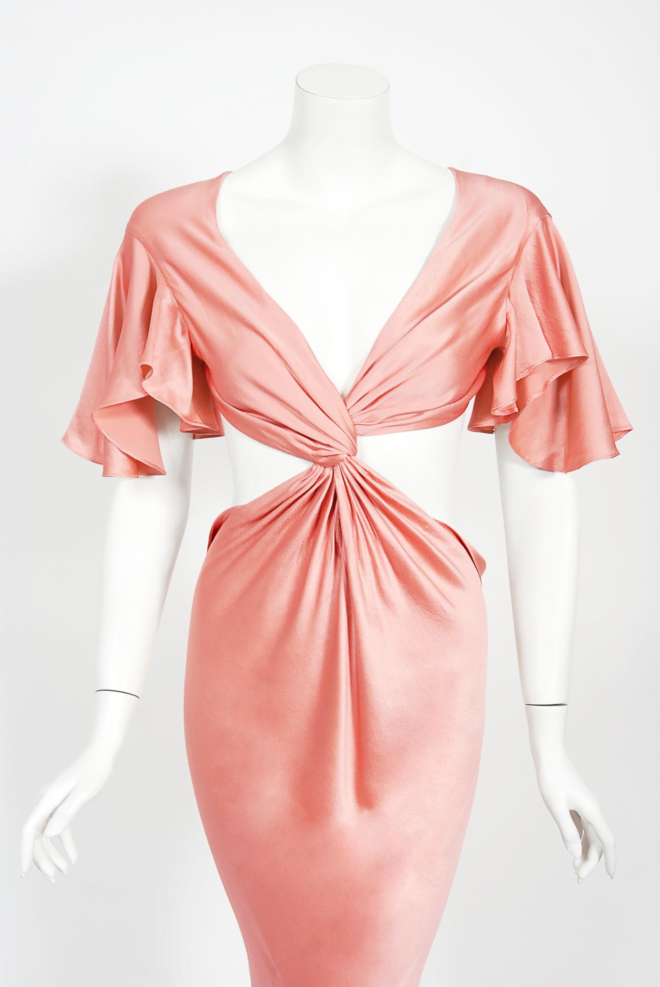 Vintage 2004 Alexander McQueen Lifetime Runway Pink Silk Cut-Out Ruffle Gown 1