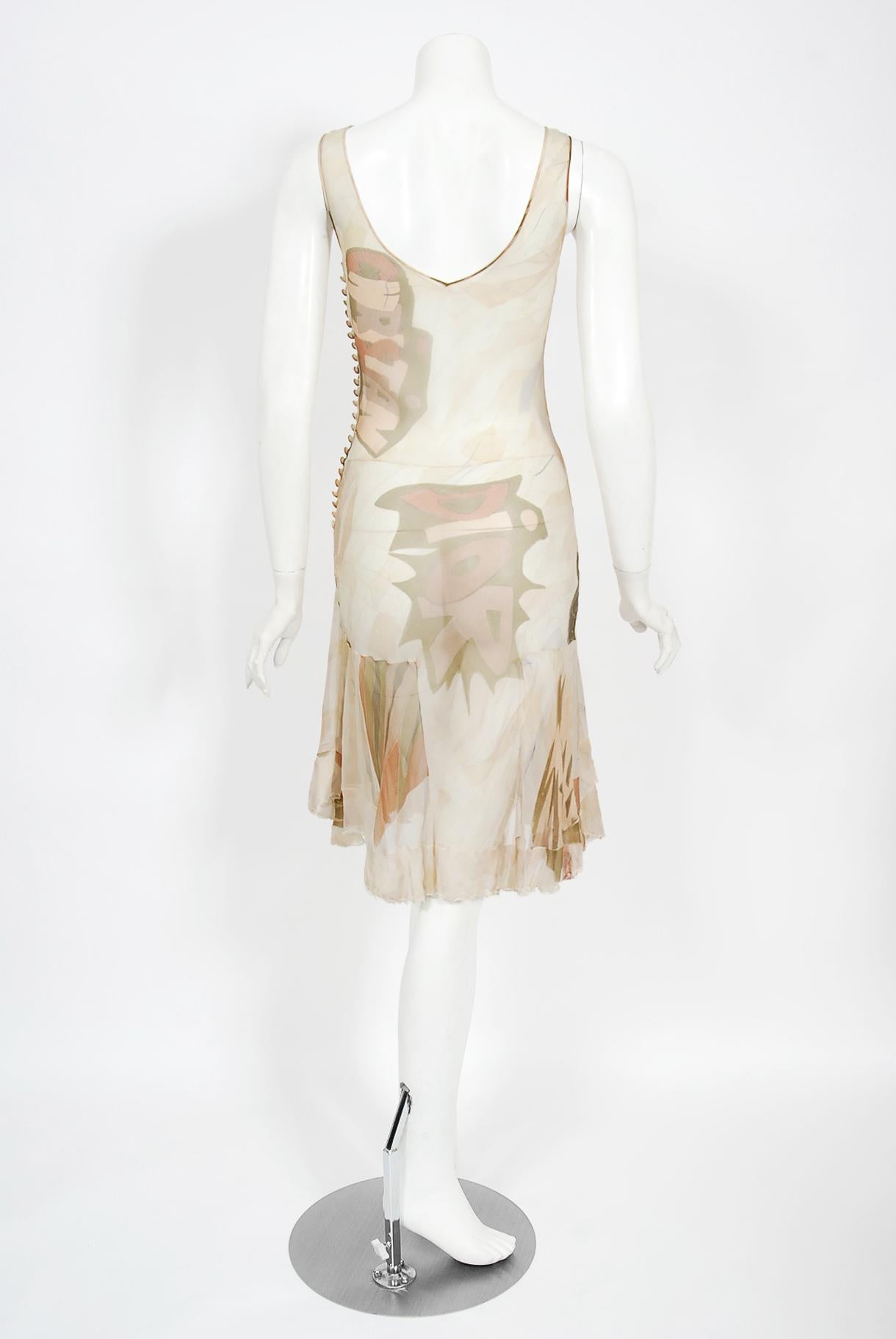 Vintage 2004 Christian Dior by Galliano Novelty Logo Print Silk Bias-Cut Dress 6