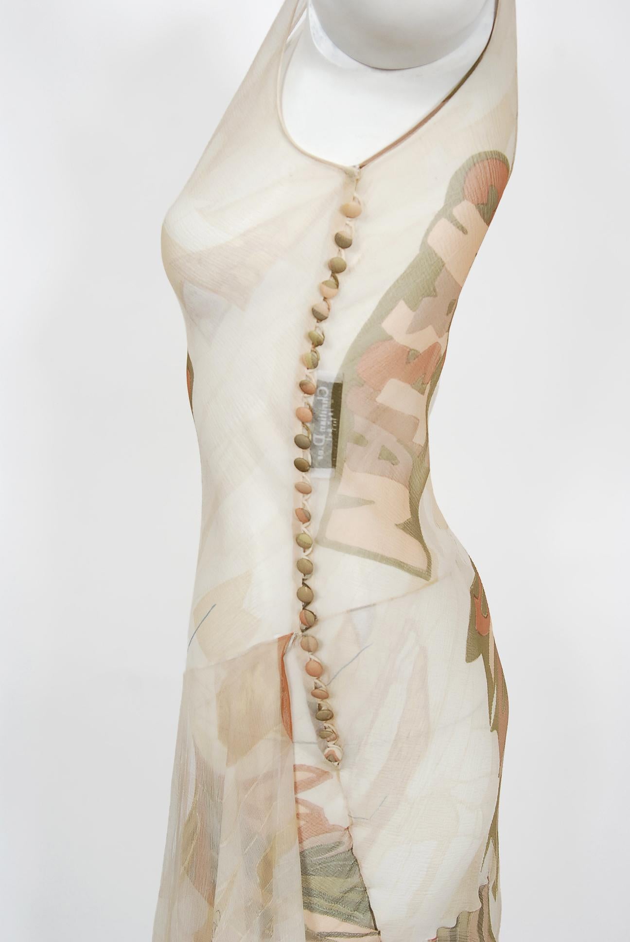 Beige Vintage 2004 Christian Dior by Galliano Novelty Logo Print Silk Bias-Cut Dress