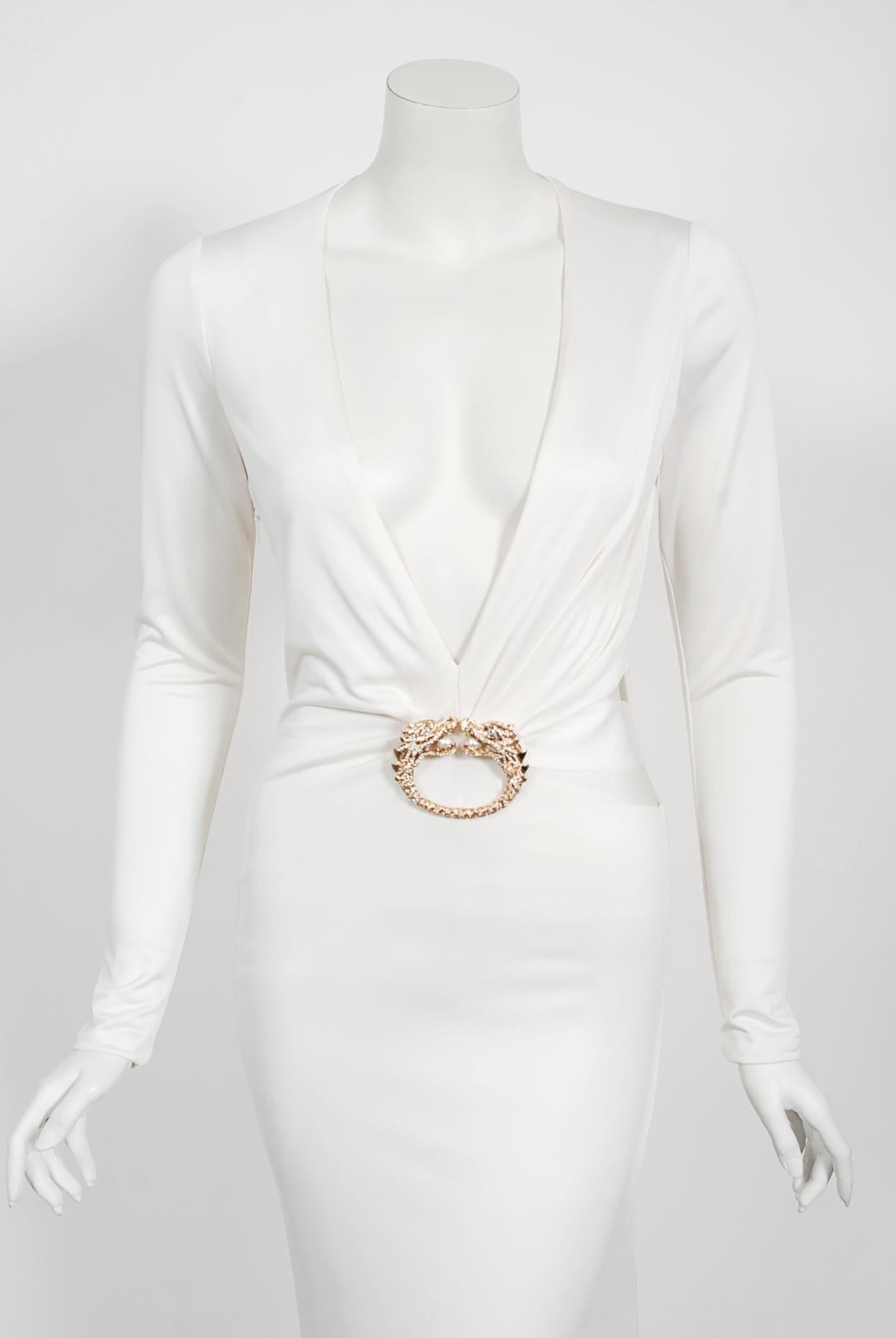 Women's Vintage 2004 Gucci by Tom Ford Rare White Silk-Jersey Plunge Cut Out Finale Gown