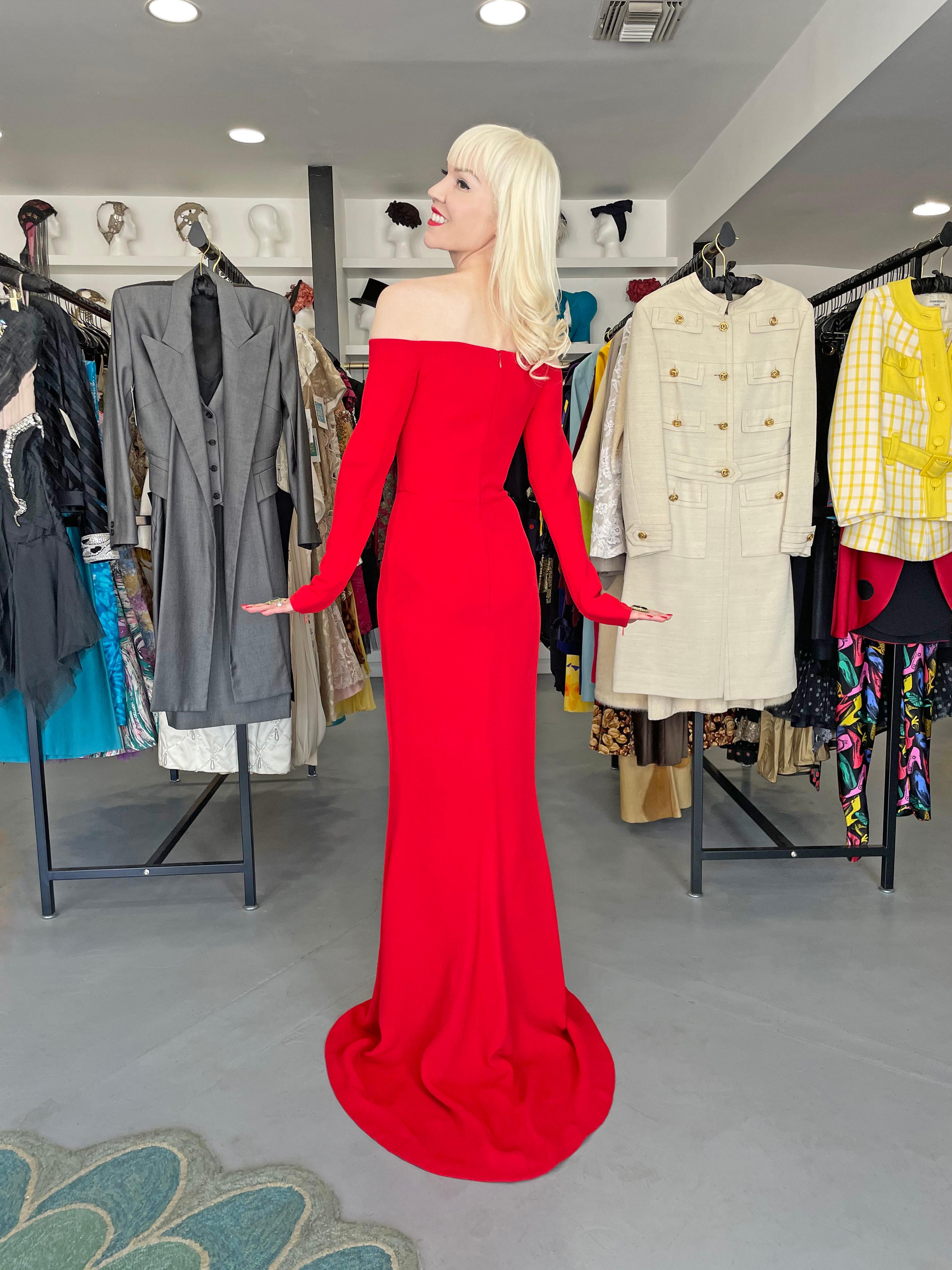 Vintage 2004 Jean-Louis Scherrer Couture Red Silk Off-Shoulder Trained Gown 1