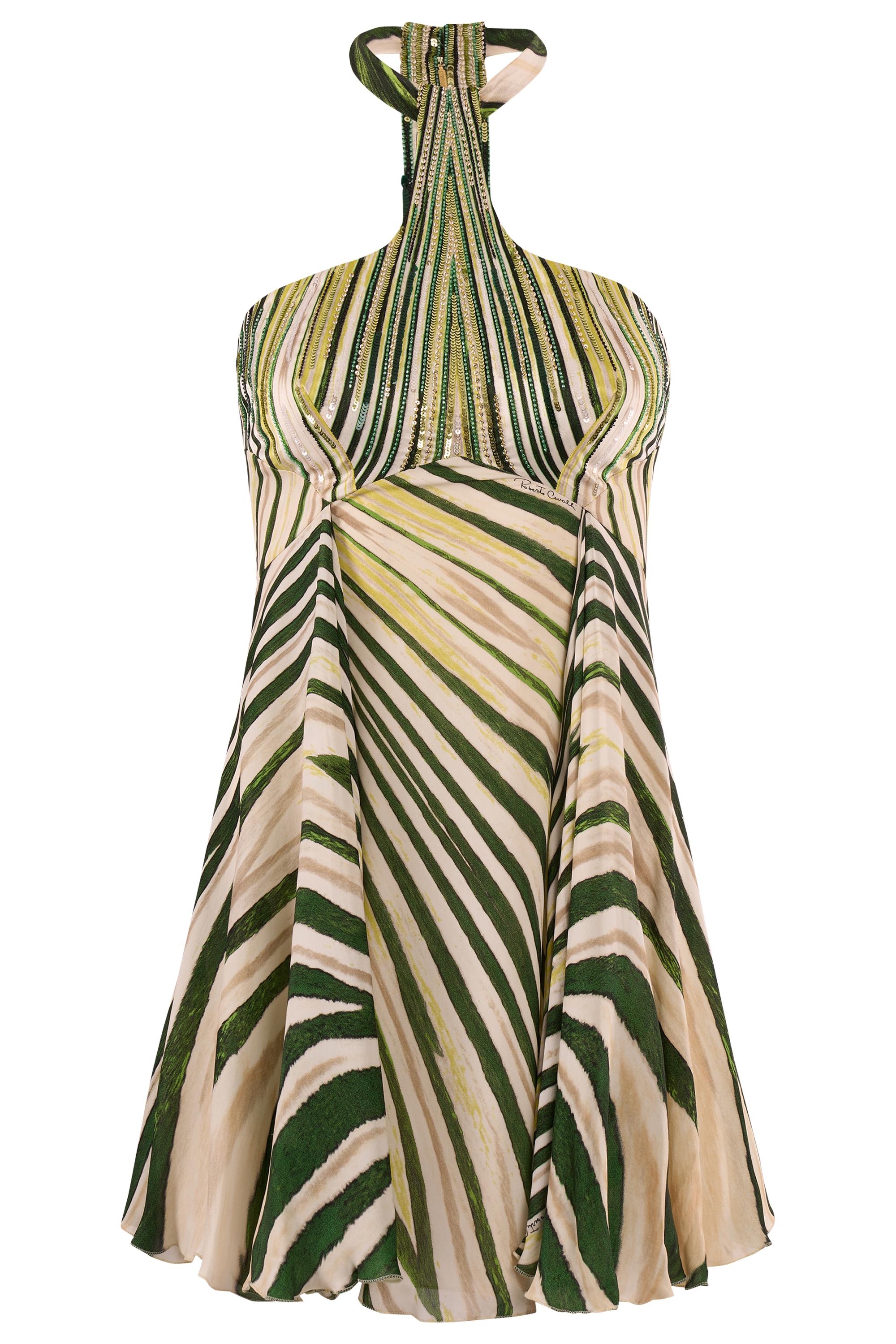 Beige Vintage 2004 Roberto Cavalli Mini robe imprimée en vert en vente