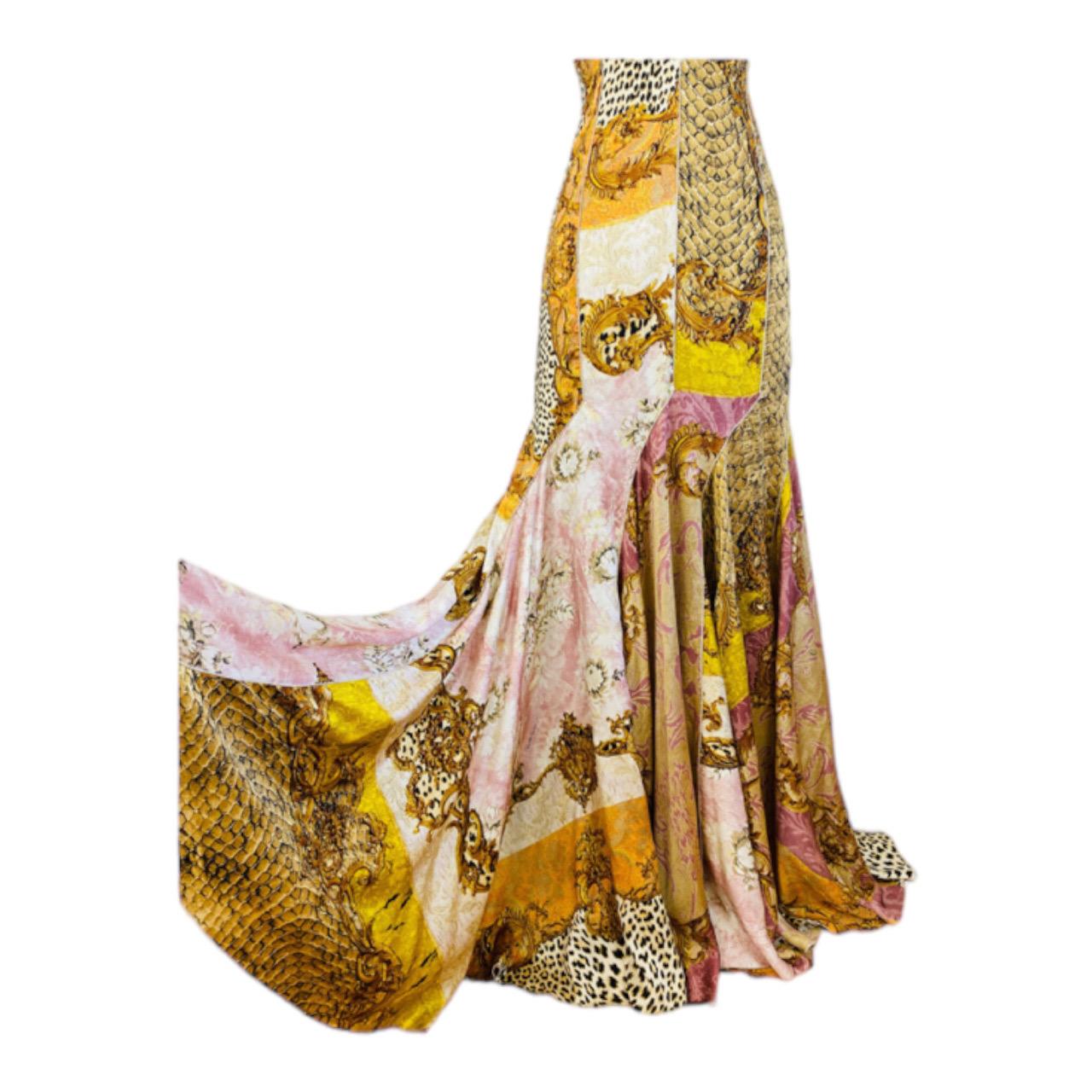 Women's or Men's Vintage 2004 Roberto Cavalli Patchwork Baroque Animal Leopard Silk Dress Gown For Sale