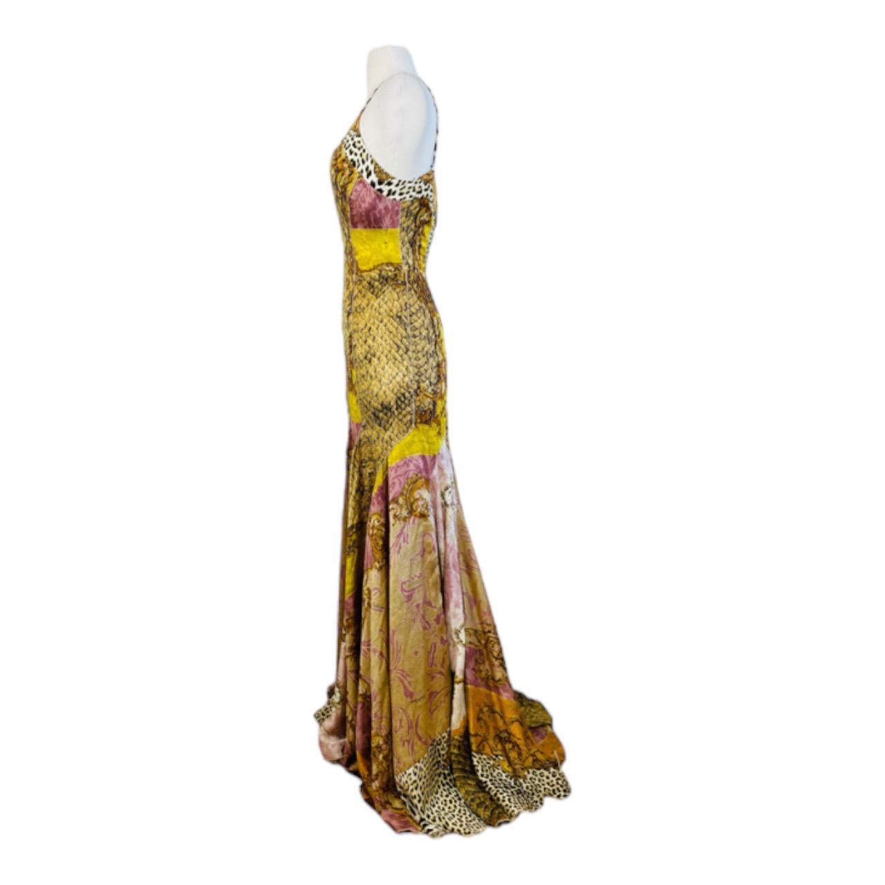 Vintage 2004 Roberto Cavalli Patchwork Baroque Animal Leopard Silk Dress Gown For Sale 1