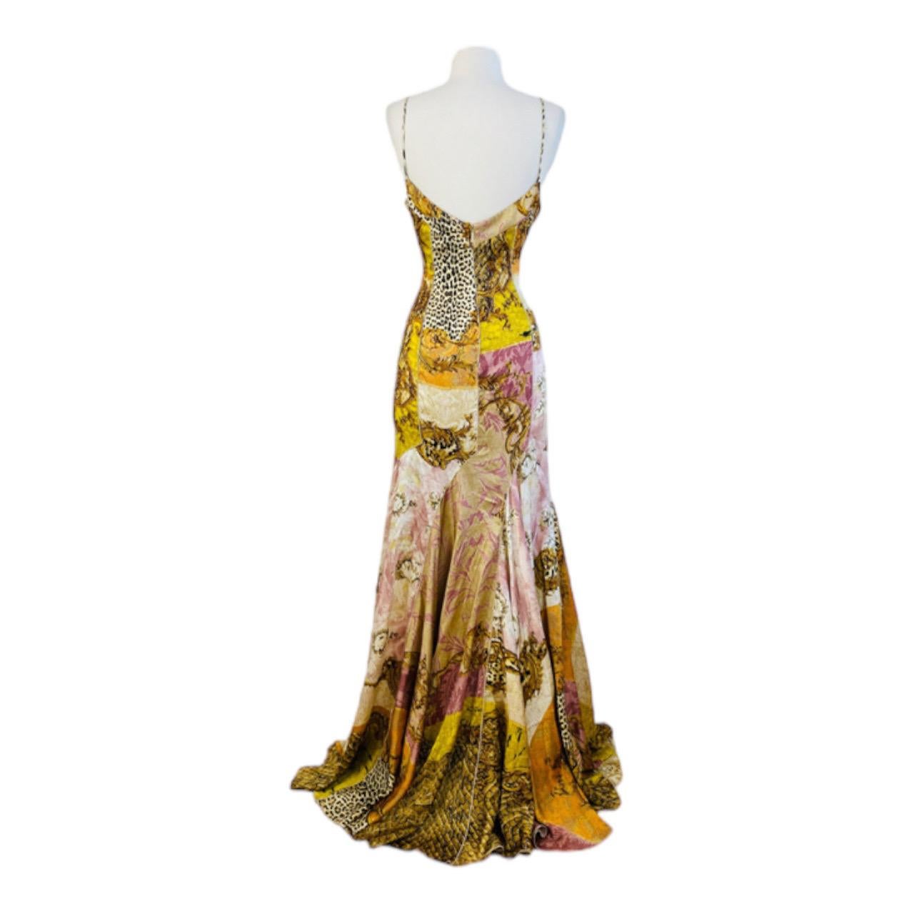 Vintage 2004 Roberto Cavalli Patchwork Baroque Animal Leopard Silk Dress Gown For Sale 2