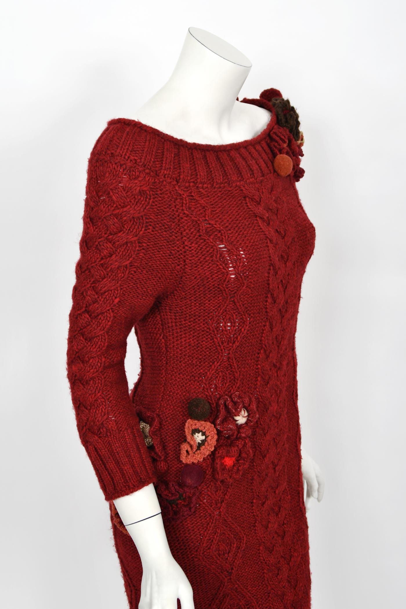 Vintage 2005 Alexander McQueen Runway Burgundy Wool Knit Hourglass Sweater Dress 9