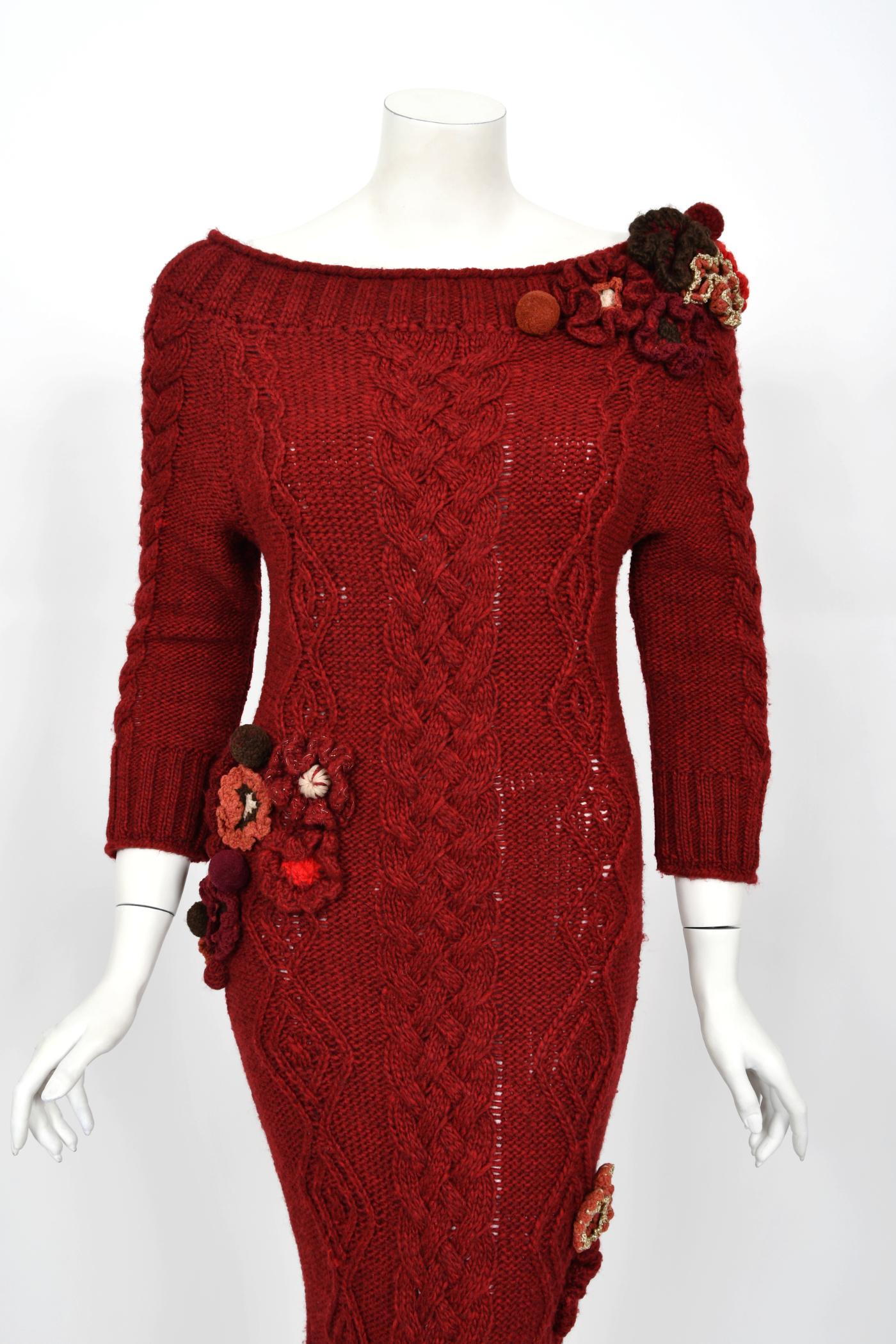 Women's Vintage 2005 Alexander McQueen Runway Burgundy Wool Knit Hourglass Sweater Dress