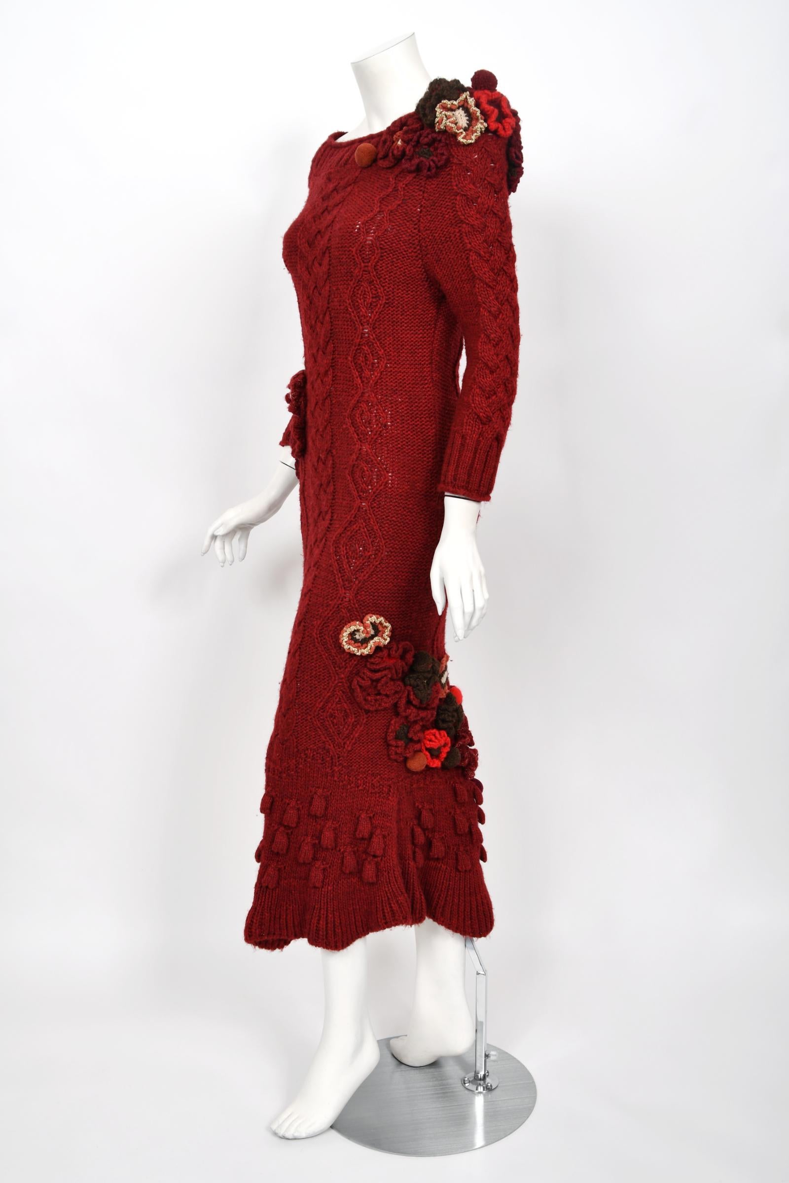 Vintage 2005 Alexander McQueen Runway Burgundy Wool Knit Hourglass Sweater Dress 4