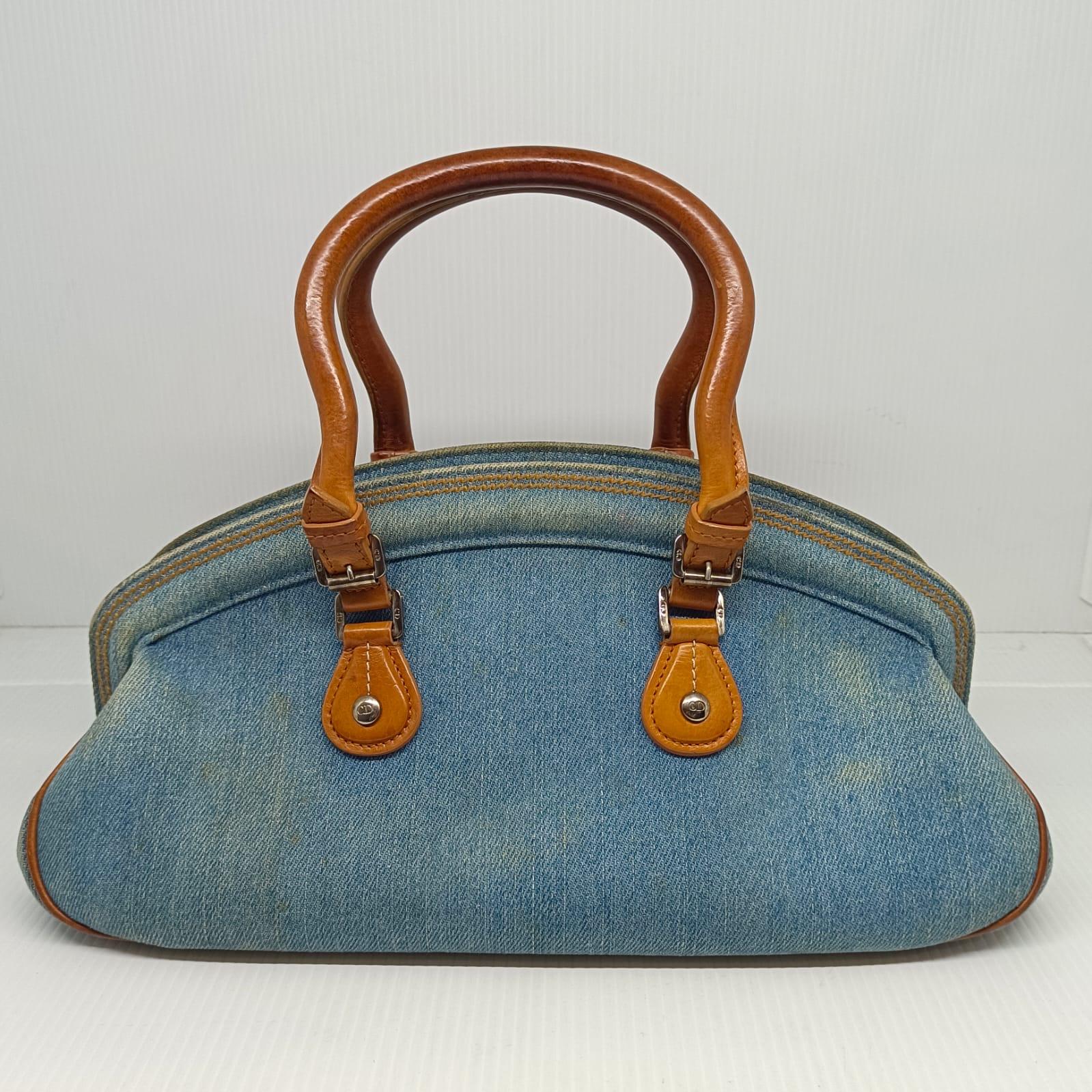 Vintage 2005 Christian Dior Blue Denim Floral Embroidered Detective Tote Bag 1