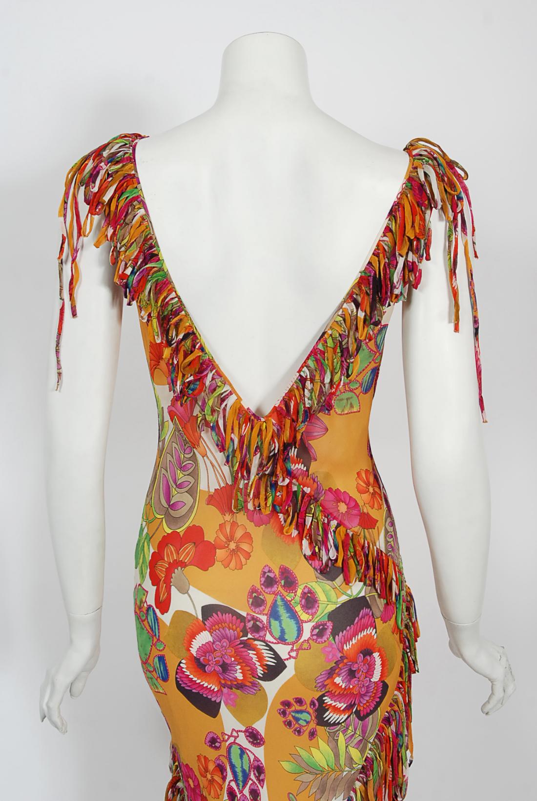 Vintage 2005 Christian Dior by John Galliano Colorful Floral Silk Bias-Cut Dress 10