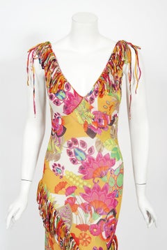 Vintage 2005 Christian Dior by John Galliano Colorful Floral Silk Bias-Cut Dress
