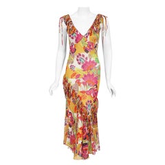 Vintage 2005 Christian Dior by John Galliano Colorful Floral Silk Bias-Cut Dress