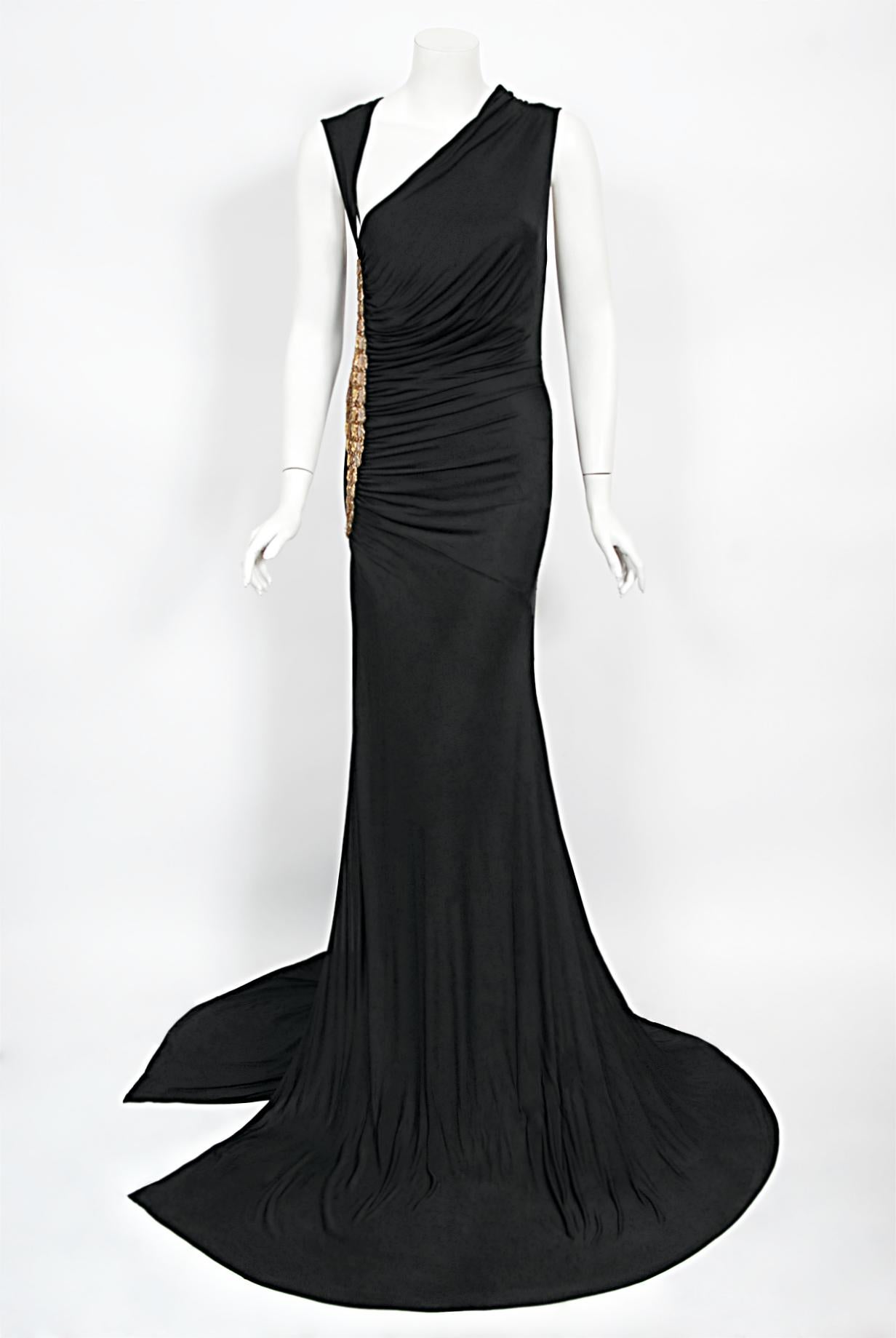 2005 Roberto Cavalli Black Stretch Silk Jersey Beaded Scales Hourglass Slit Gown 7