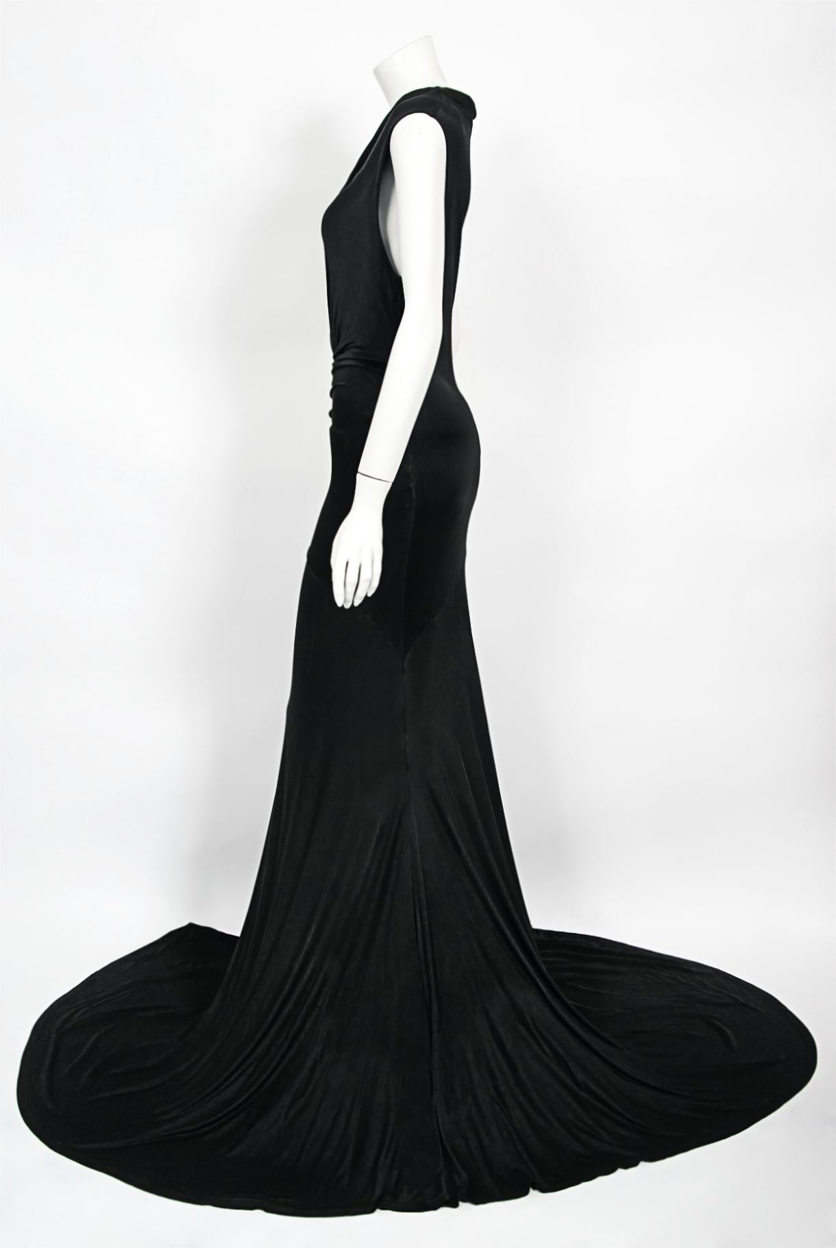 2005 Roberto Cavalli Black Stretch Silk Jersey Beaded Scales Hourglass Slit Gown 8