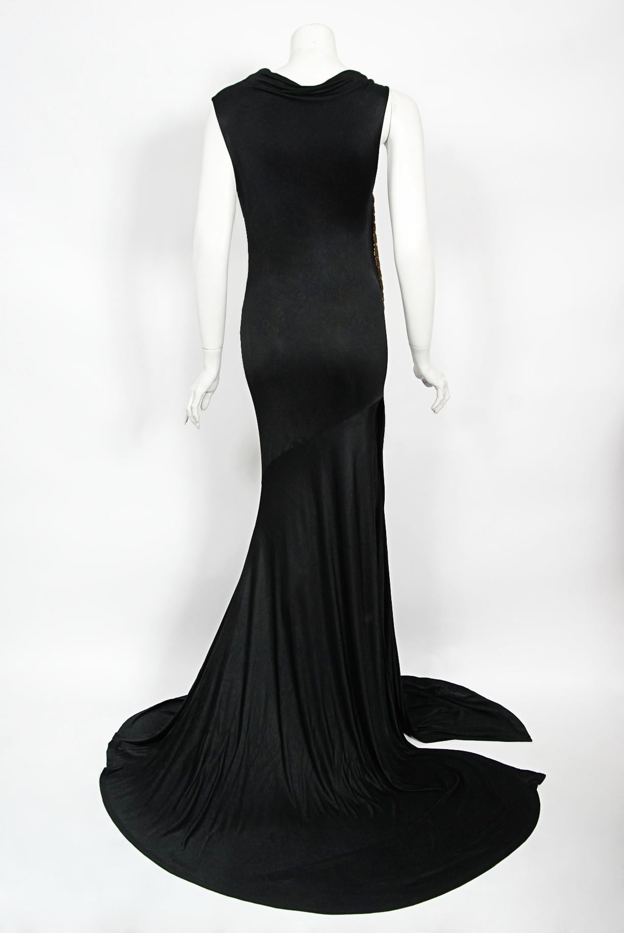2005 Roberto Cavalli Black Stretch Silk Jersey Beaded Scales Hourglass Slit Gown 9