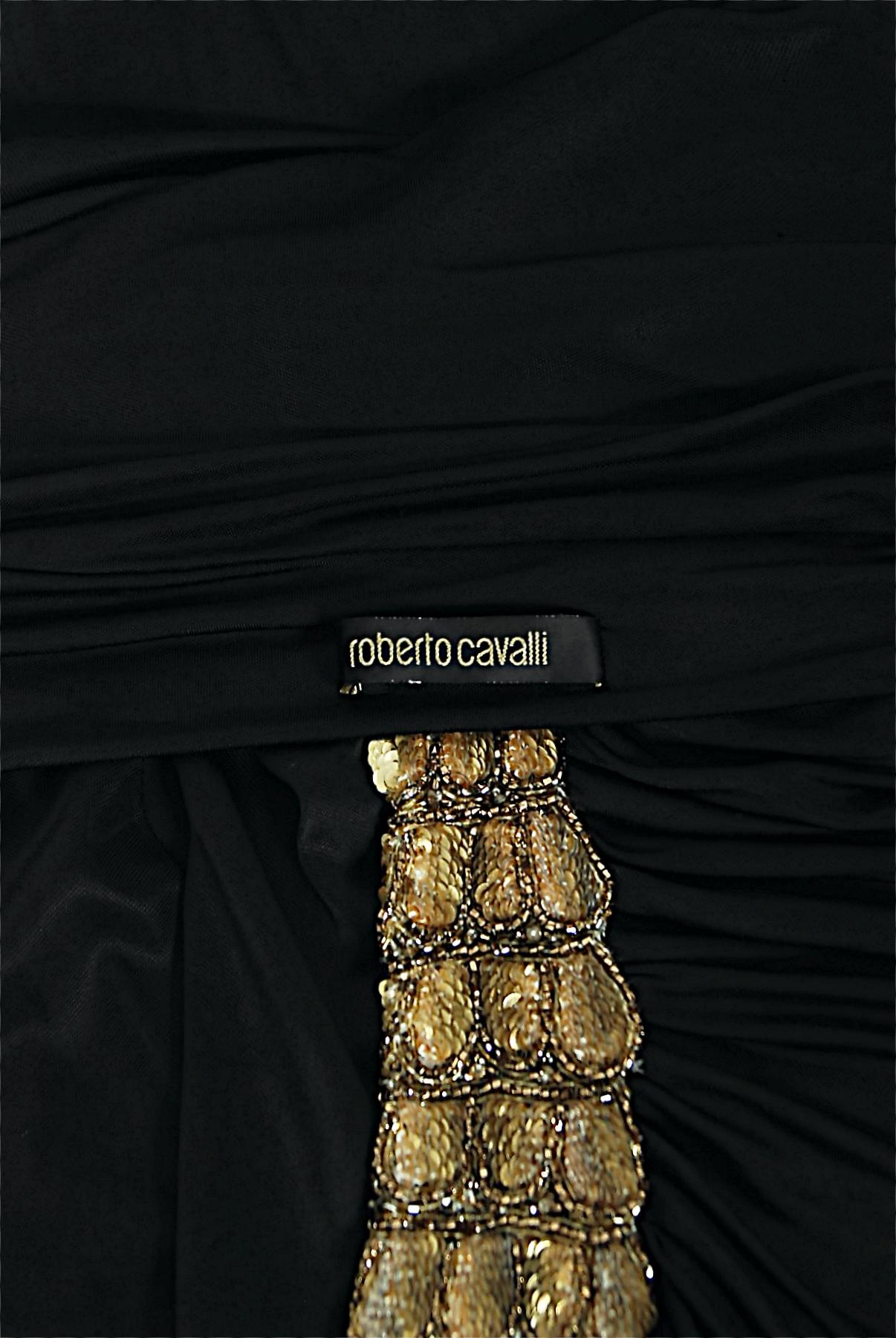 2005 Roberto Cavalli Black Stretch Silk Jersey Beaded Scales Hourglass Slit Gown 10