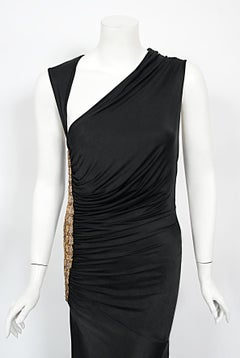 2005 Roberto Cavalli Black Stretch Silk Jersey Beaded Scales Hourglass Slit Gown