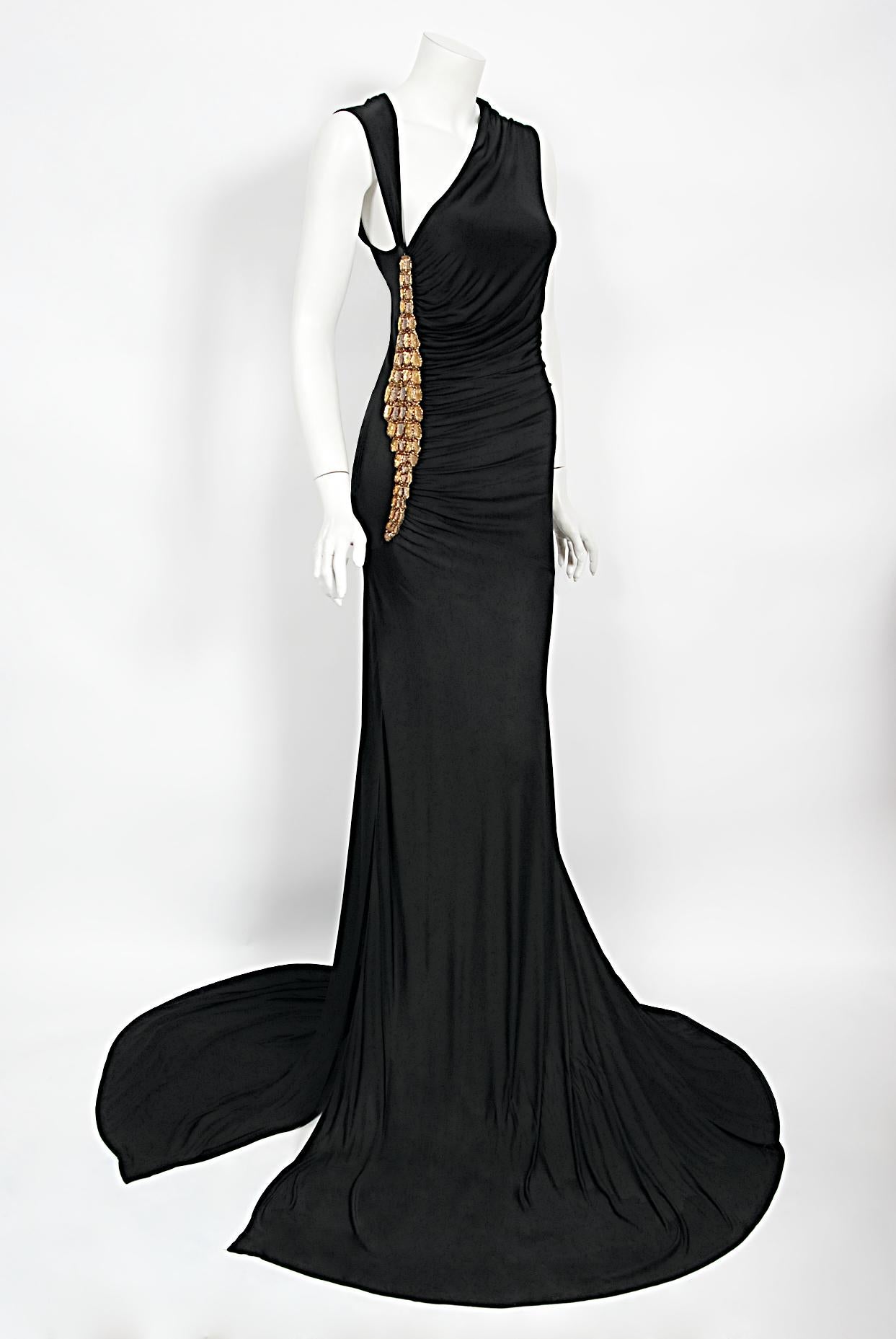2005 Roberto Cavalli Black Stretch Silk Jersey Beaded Scales Hourglass Slit Gown In Good Condition In Beverly Hills, CA